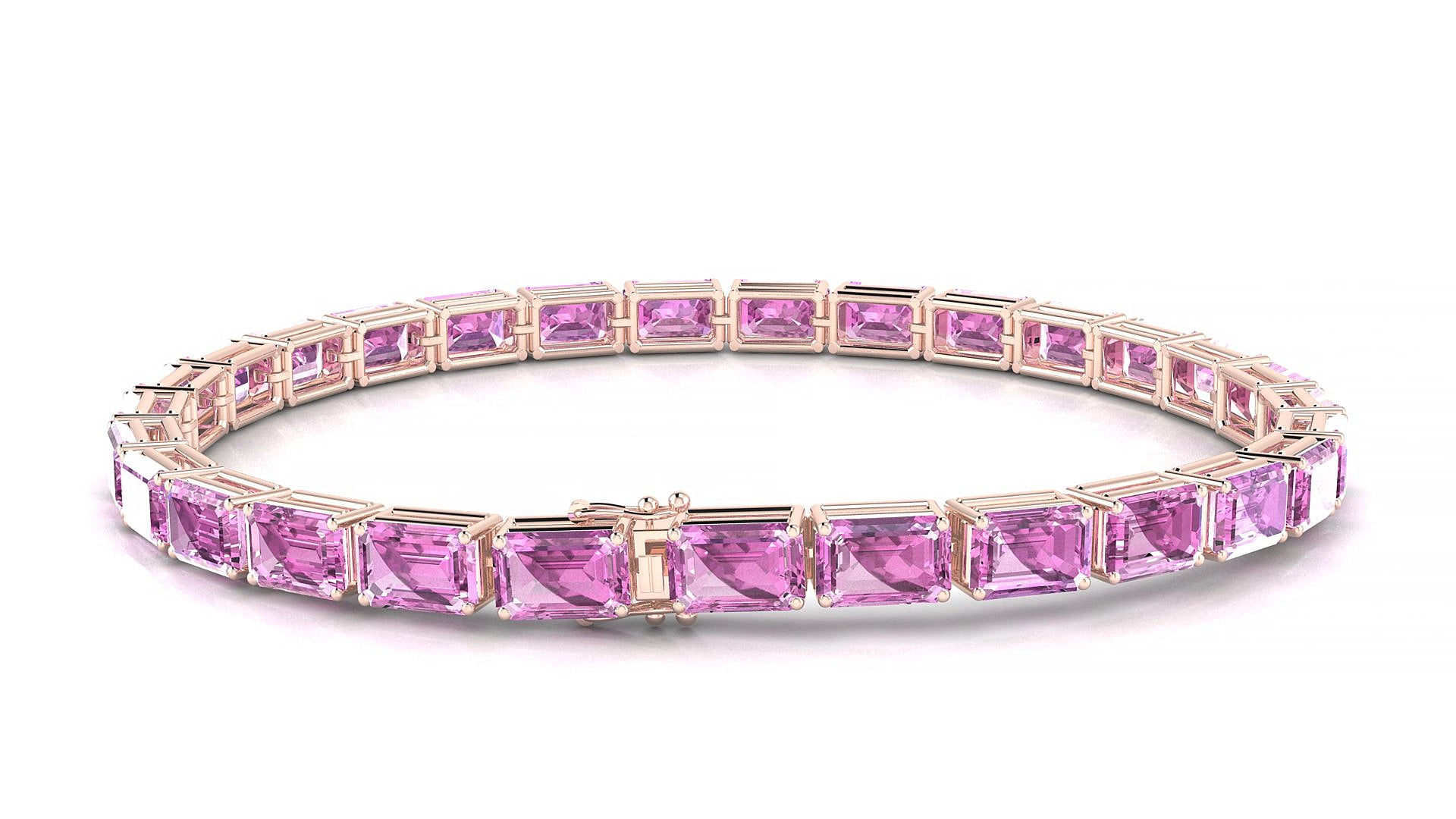 Muzo | 18k Rose Gold 6 x 4 mm Emerald Natural Pink Sapphire 19 cm Tennis Bracelet