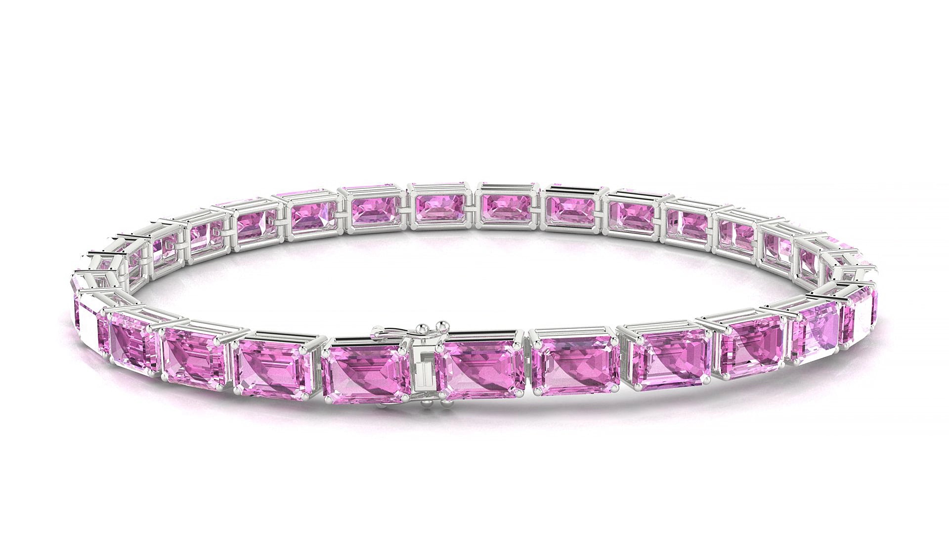 Muzo | 18k White Gold 6 x 4 mm Emerald Natural Pink Sapphire 19 cm Tennis Bracelet