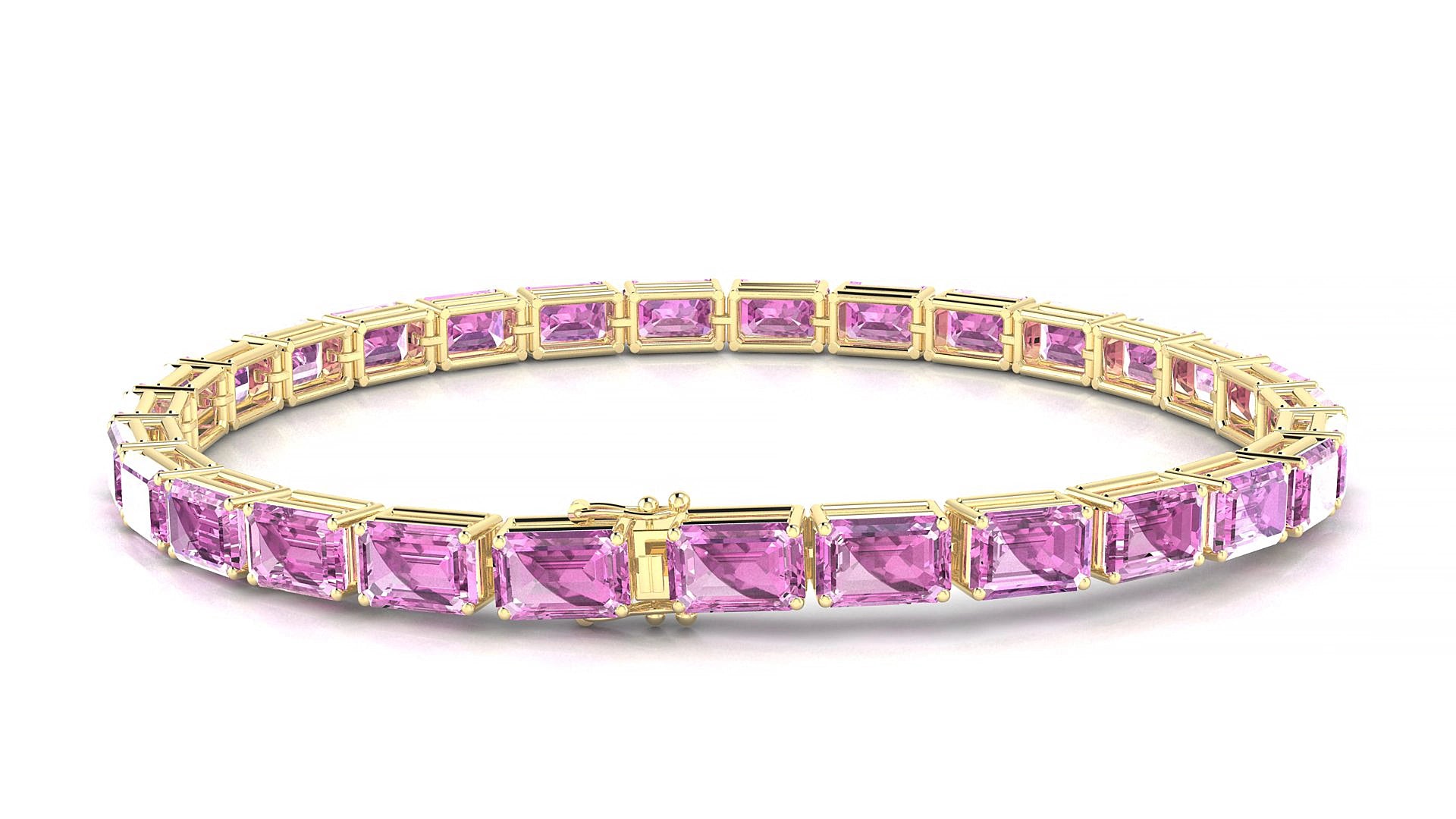 Muzo | 18k Yellow Gold 6 x 4 mm Emerald Natural Pink Sapphire 17 cm Tennis Bracelet