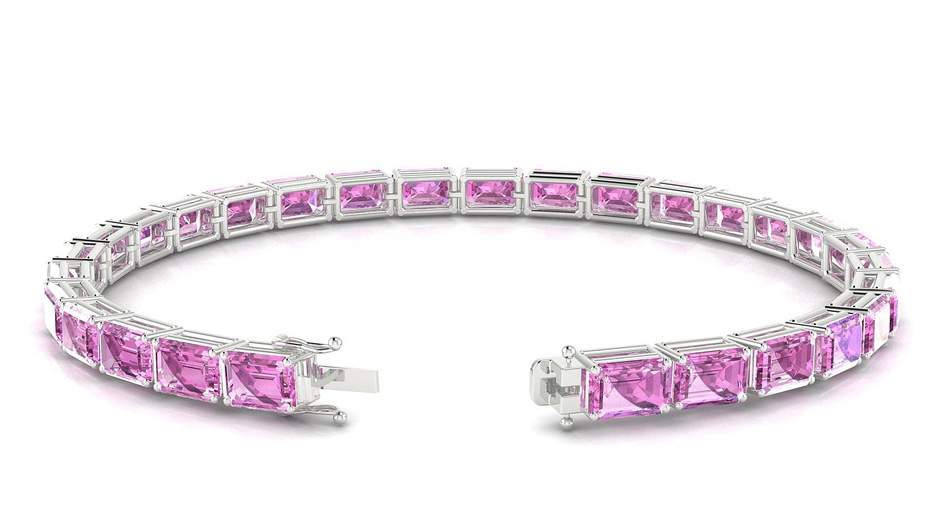 Muzo | 18k White Gold 6 x 4 mm Emerald Natural Pink Sapphire 20 cm Tennis Bracelet