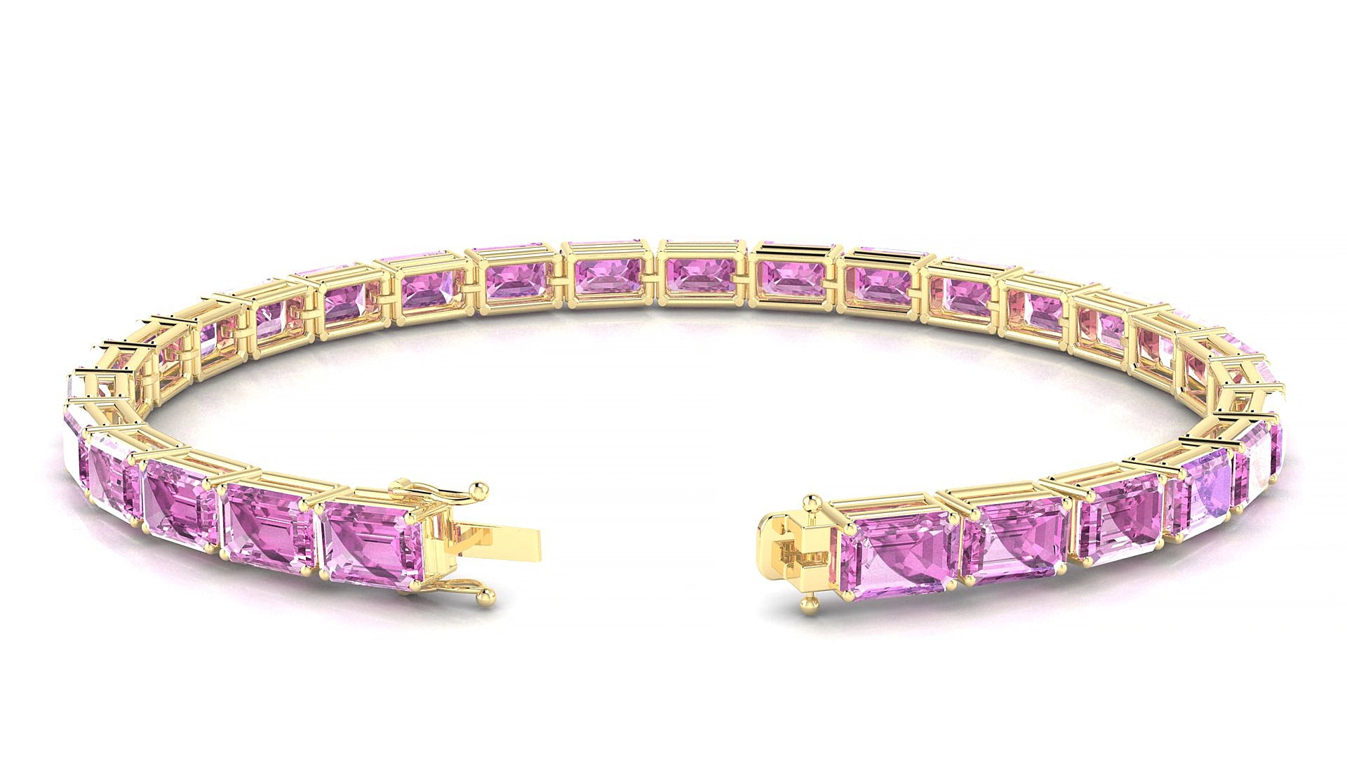 Muzo | 18k Yellow Gold 6 x 4 mm Emerald Natural Pink Sapphire 17 cm Tennis Bracelet