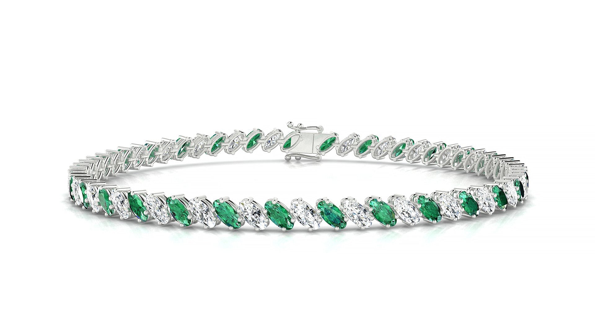 Nîmes 1-1 | 18k White Gold 4 x 2 mm Oval Natural Emerald & Diamond Tennis Bracelet