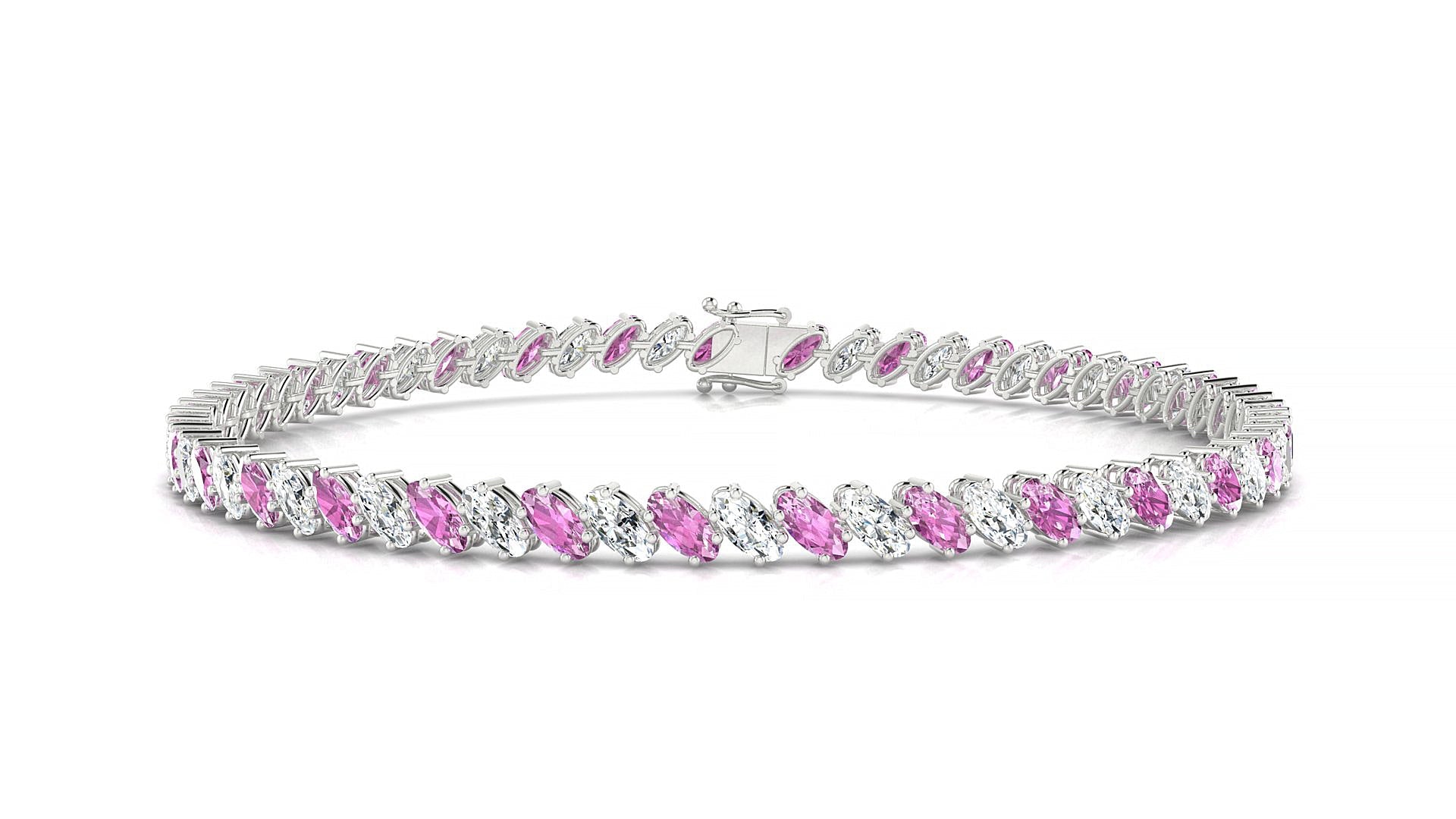 Nîmes 1-1 | 18k White Gold 4 x 2 mm Oval Natural Pink Sapphire & Diamond Tennis Bracelet