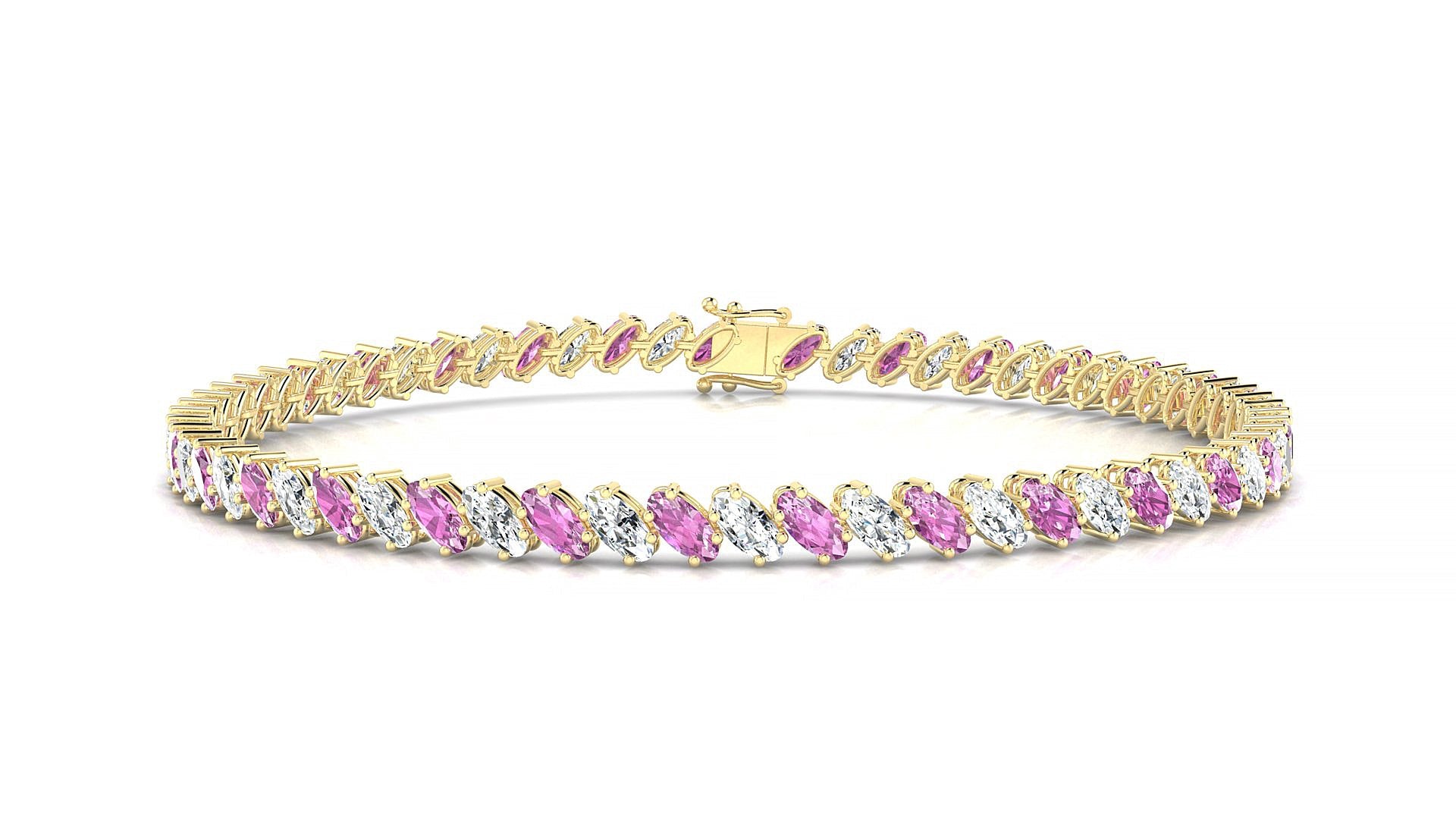 Nîmes 1-1 | 18k Yellow Gold 4 x 2 mm Oval Natural Pink Sapphire & Diamond Tennis Bracelet