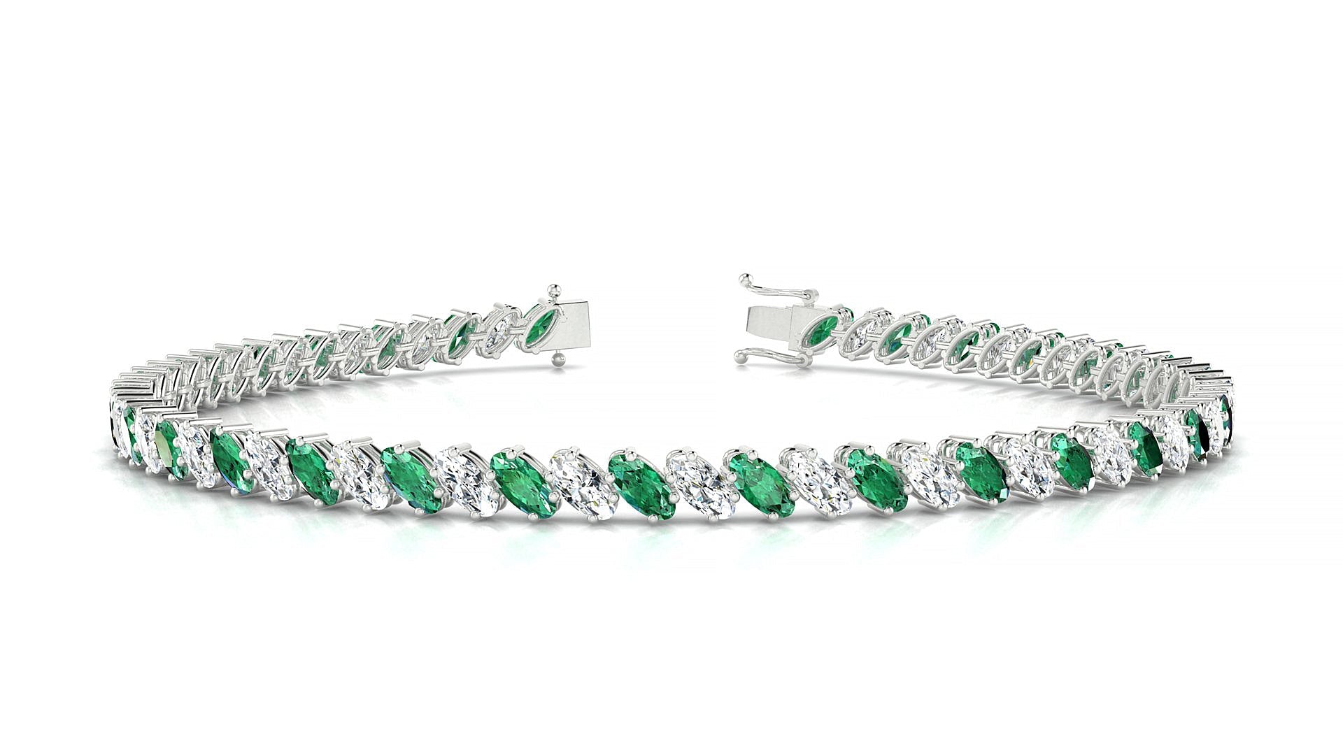 Nîmes 1-1 | 18k White Gold 4 x 2 mm Oval Natural Emerald & Diamond Tennis Bracelet