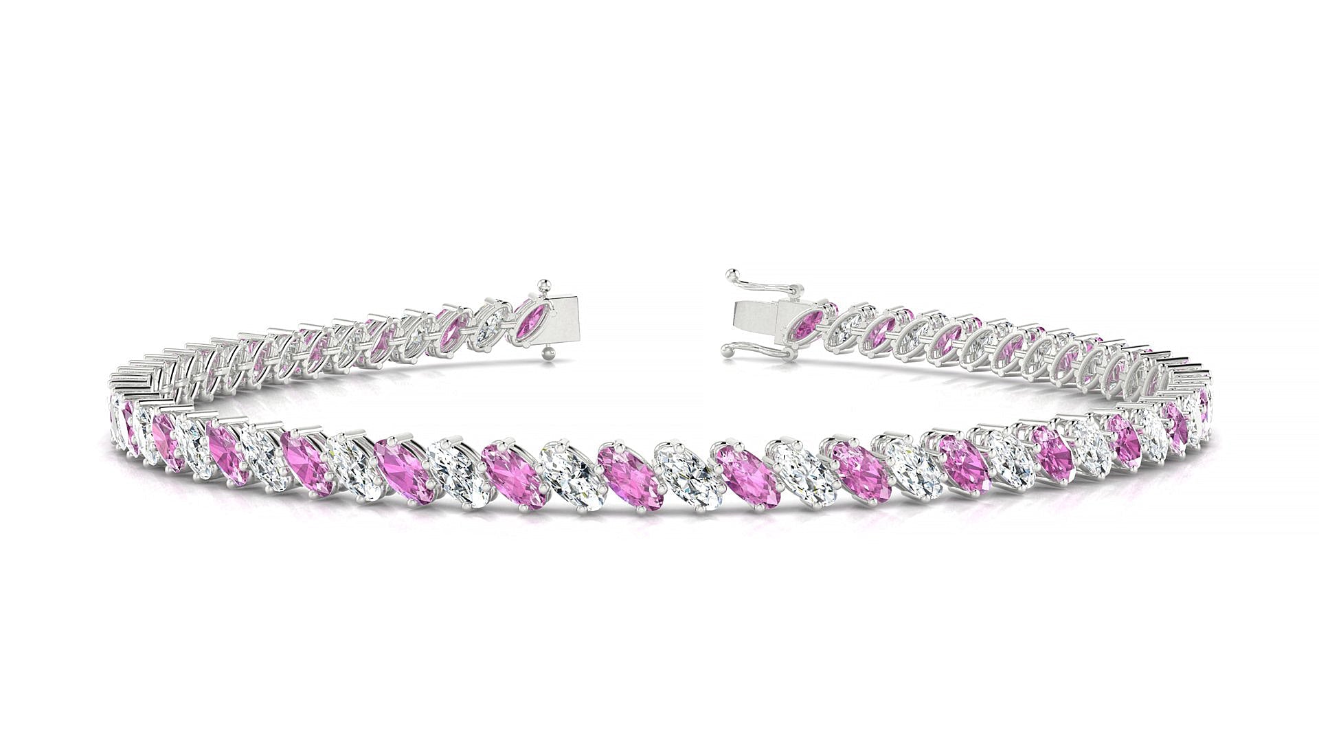 Nîmes 1-1 | 18k White Gold 4 x 2 mm Oval Natural Pink Sapphire & Diamond Tennis Bracelet