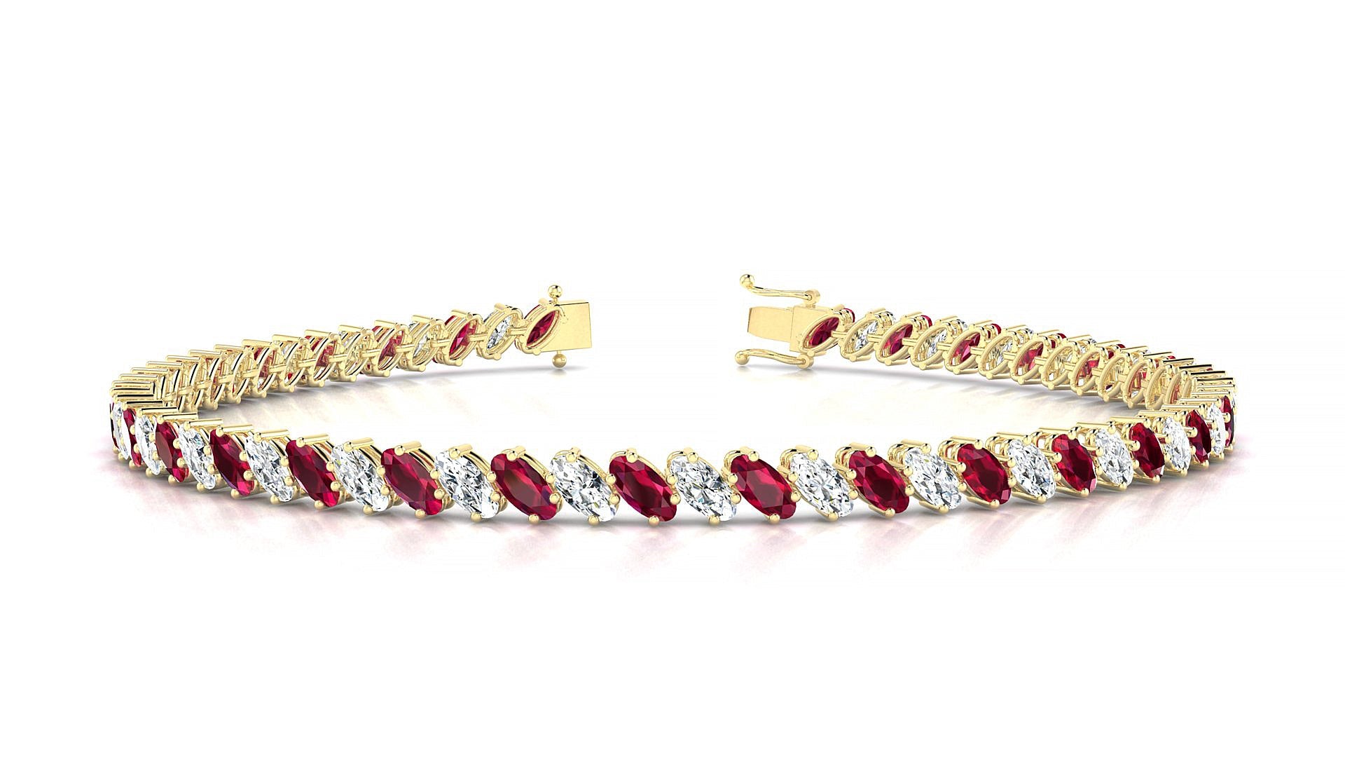 Nîmes 1-1 | 18k Yellow Gold 4 x 2 mm Oval Natural Ruby & Diamond Tennis Bracelet