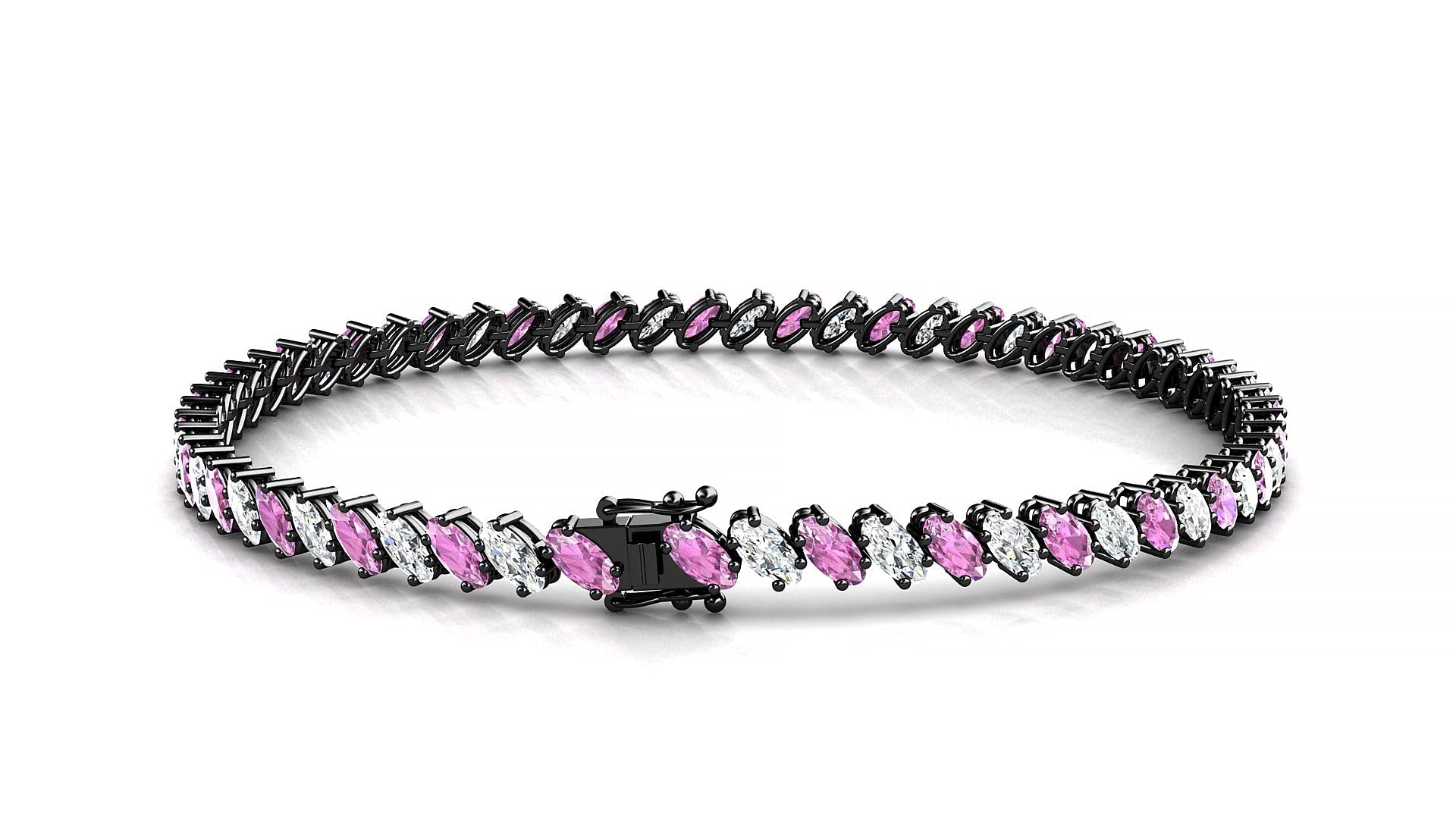 Nîmes 1-1 | 18k Black Gold 4 x 2 mm Oval Natural Pink Sapphire & Diamond Tennis Bracelet