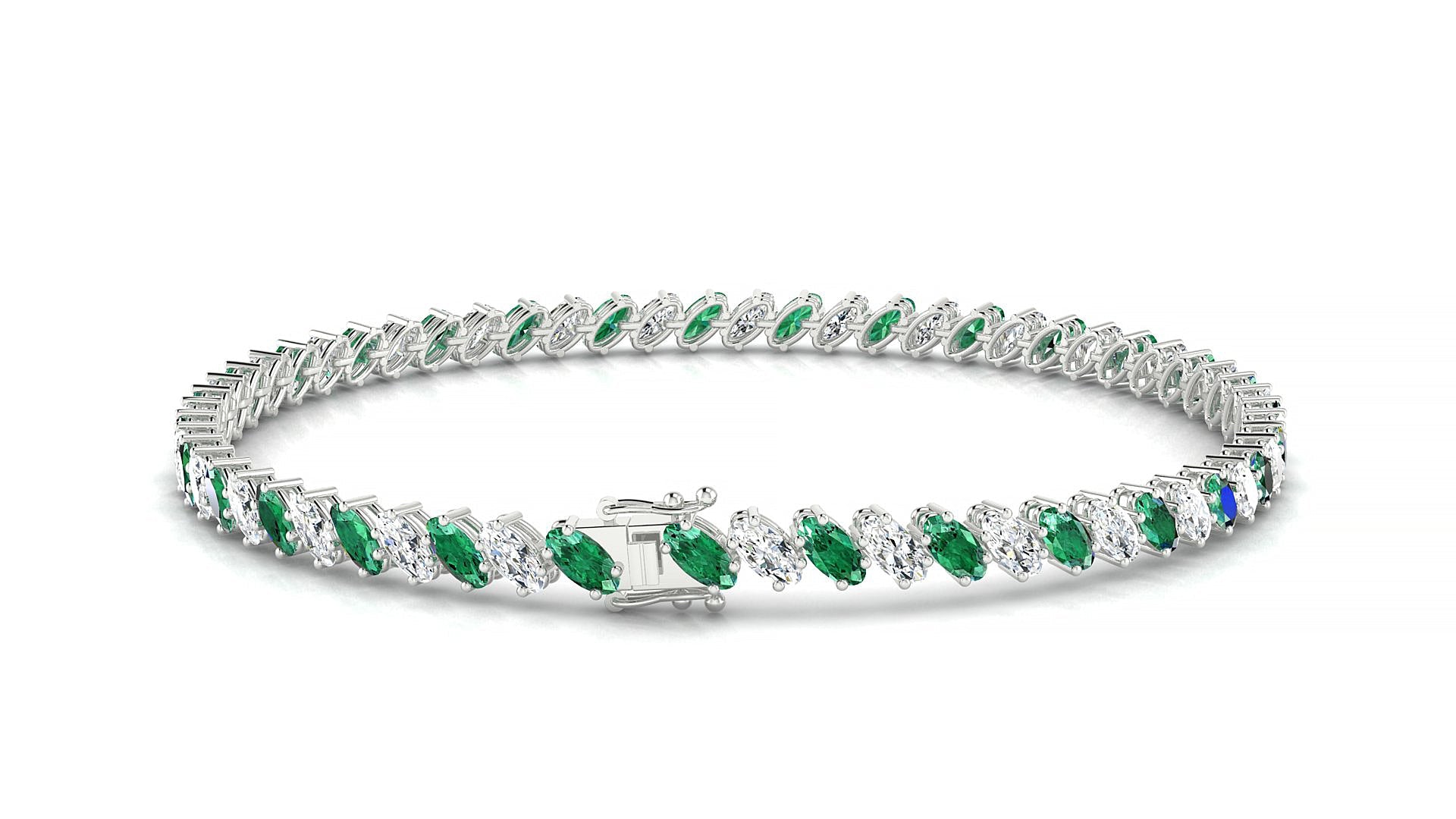 Nîmes 1-1 | 18k White Gold 4 x 2 mm Oval Natural Emerald & Diamond Tennis Bracelet