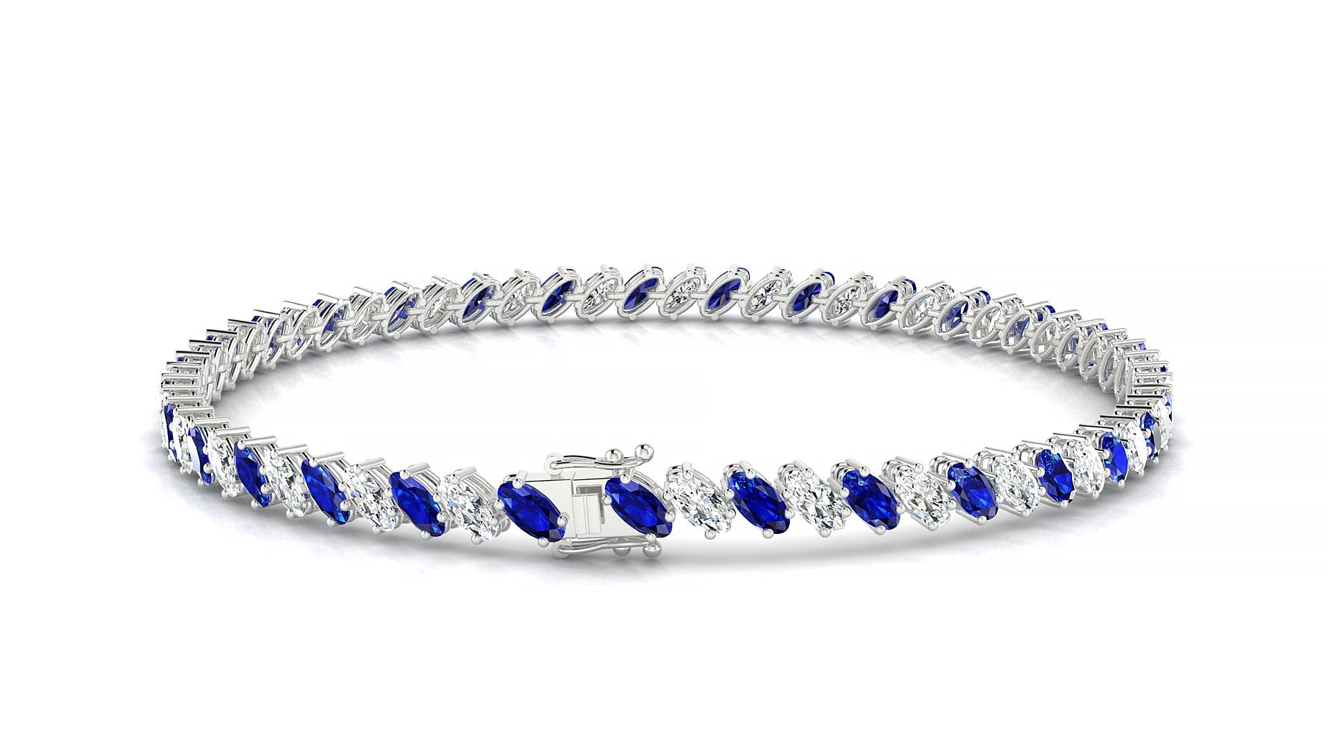 Nîmes 1-1 | 18k White Gold 4 x 2 mm Oval Natural Sapphire & Diamond Tennis Bracelet