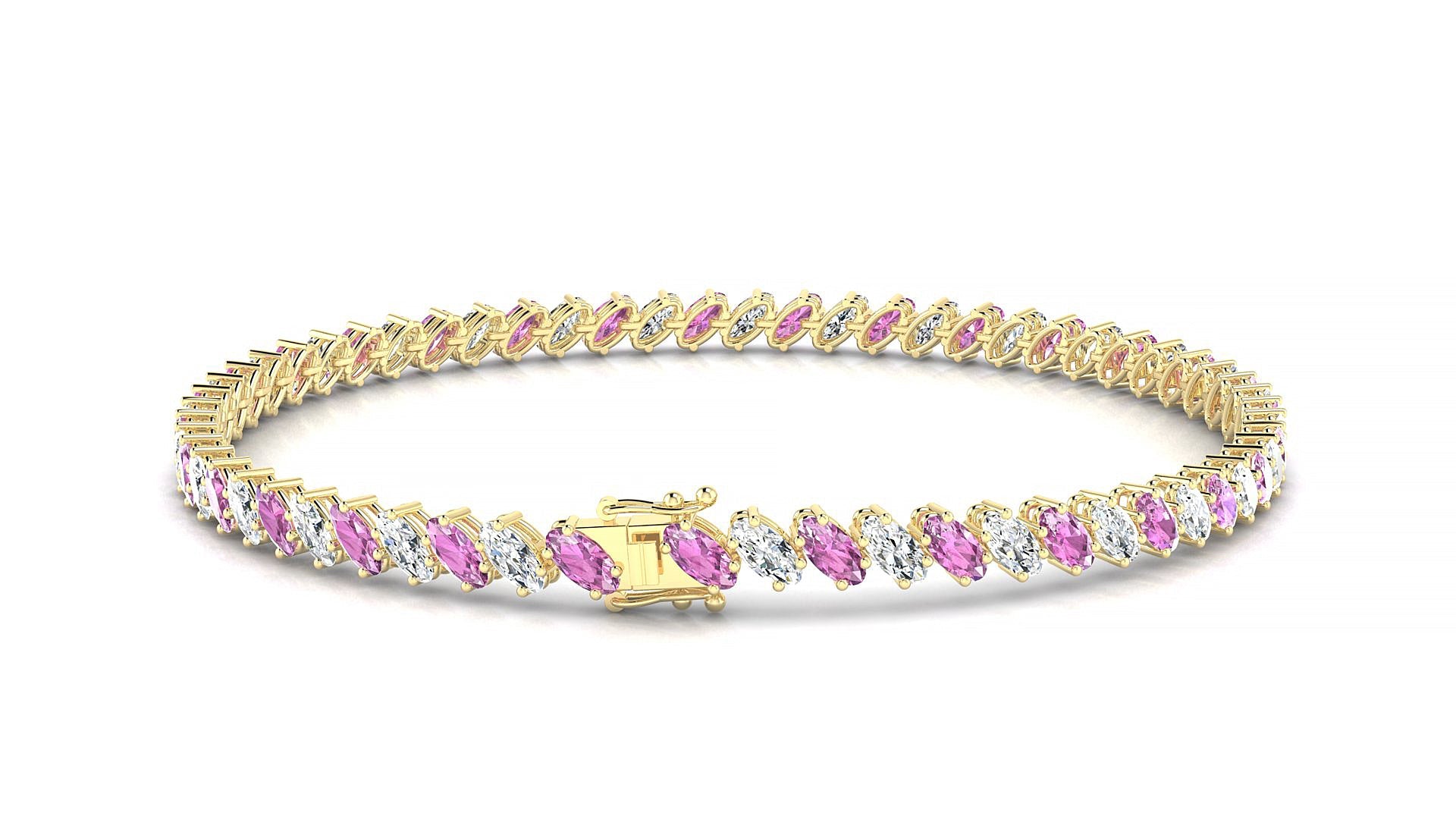Nîmes 1-1 | 18k Yellow Gold 4 x 2 mm Oval Natural Pink Sapphire & Diamond Tennis Bracelet