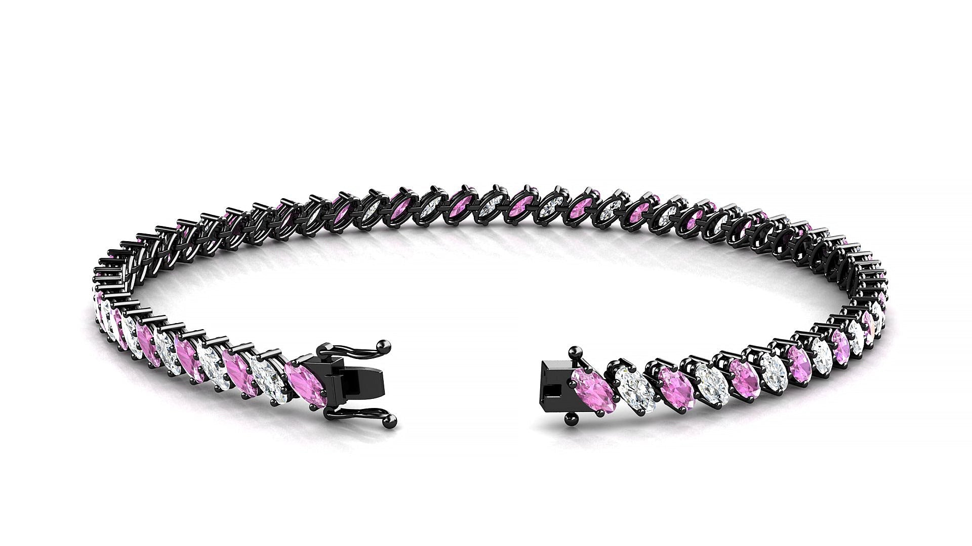 Nîmes 1-1 | 18k Black Gold 4 x 2 mm Oval Natural Pink Sapphire & Diamond Tennis Bracelet