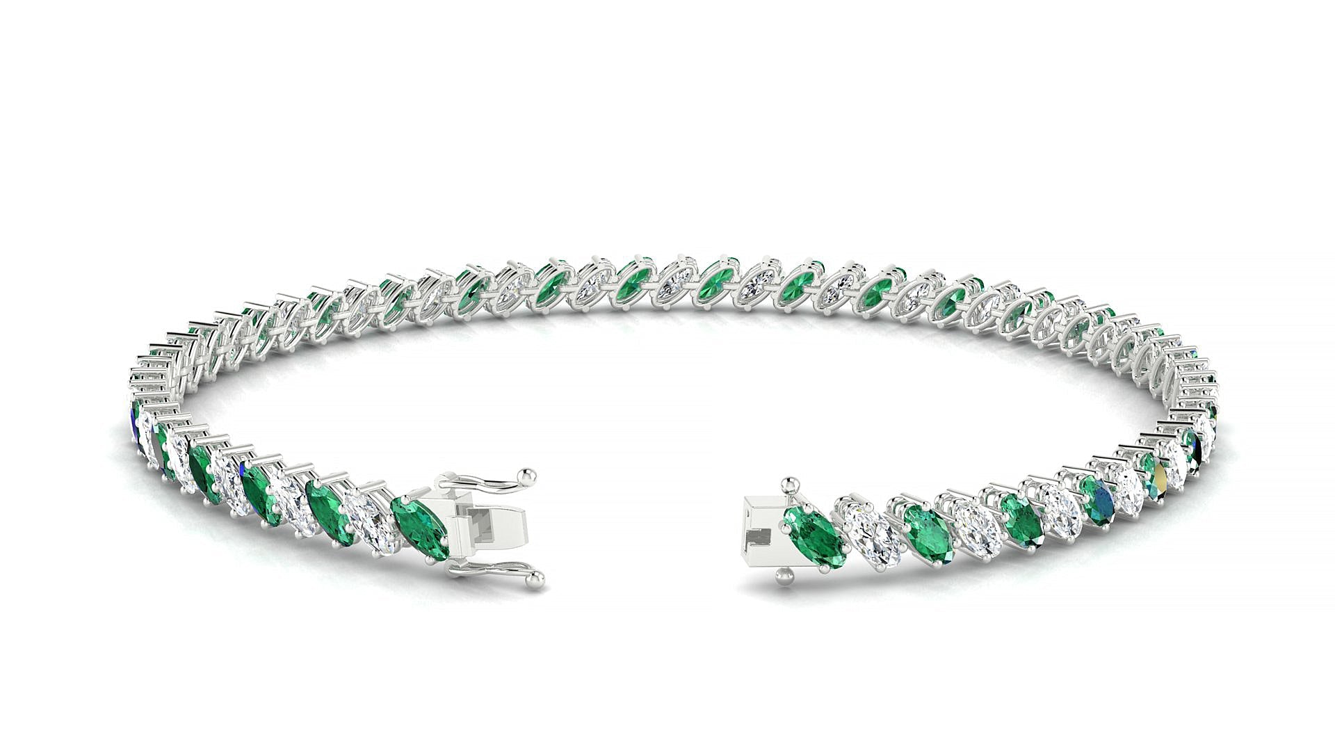 Nîmes 1-1 | 18k White Gold 4 x 2 mm Oval Natural Emerald & Diamond Tennis Bracelet