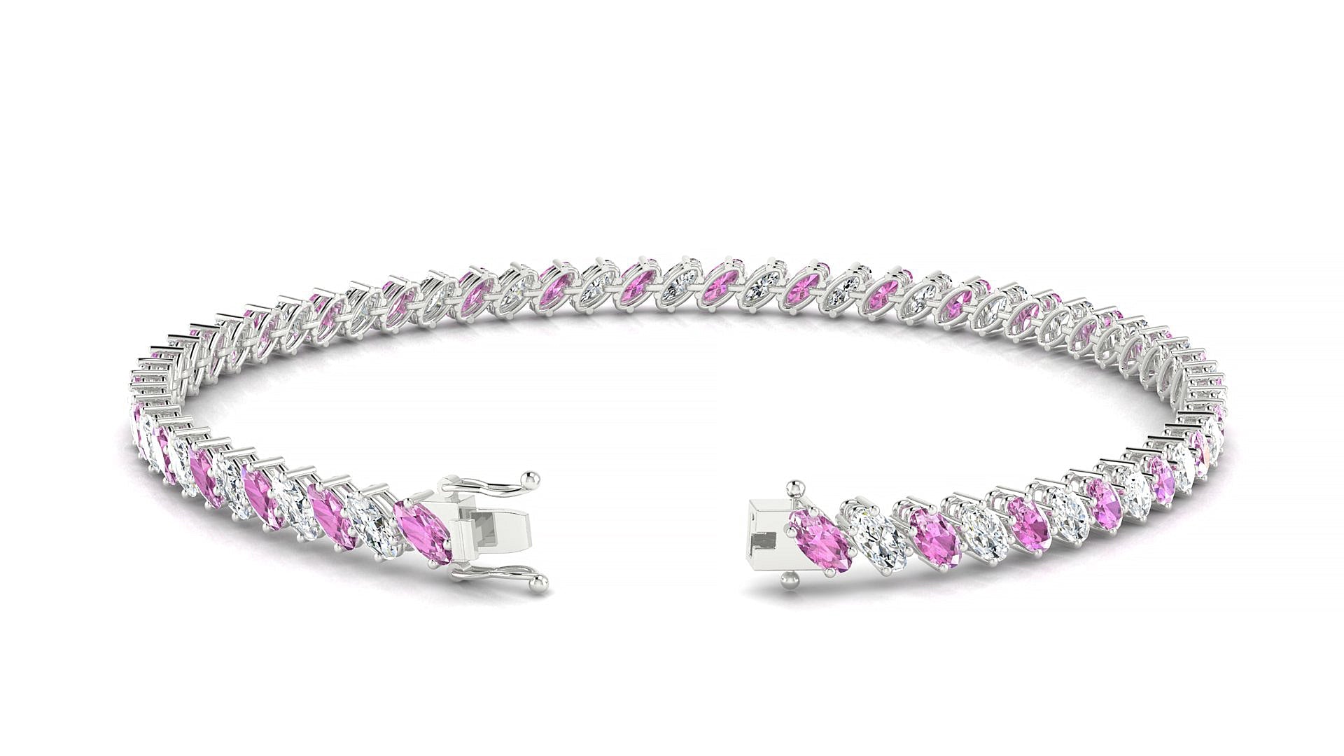 Nîmes 1-1 | 18k White Gold 4 x 2 mm Oval Natural Pink Sapphire & Diamond Tennis Bracelet