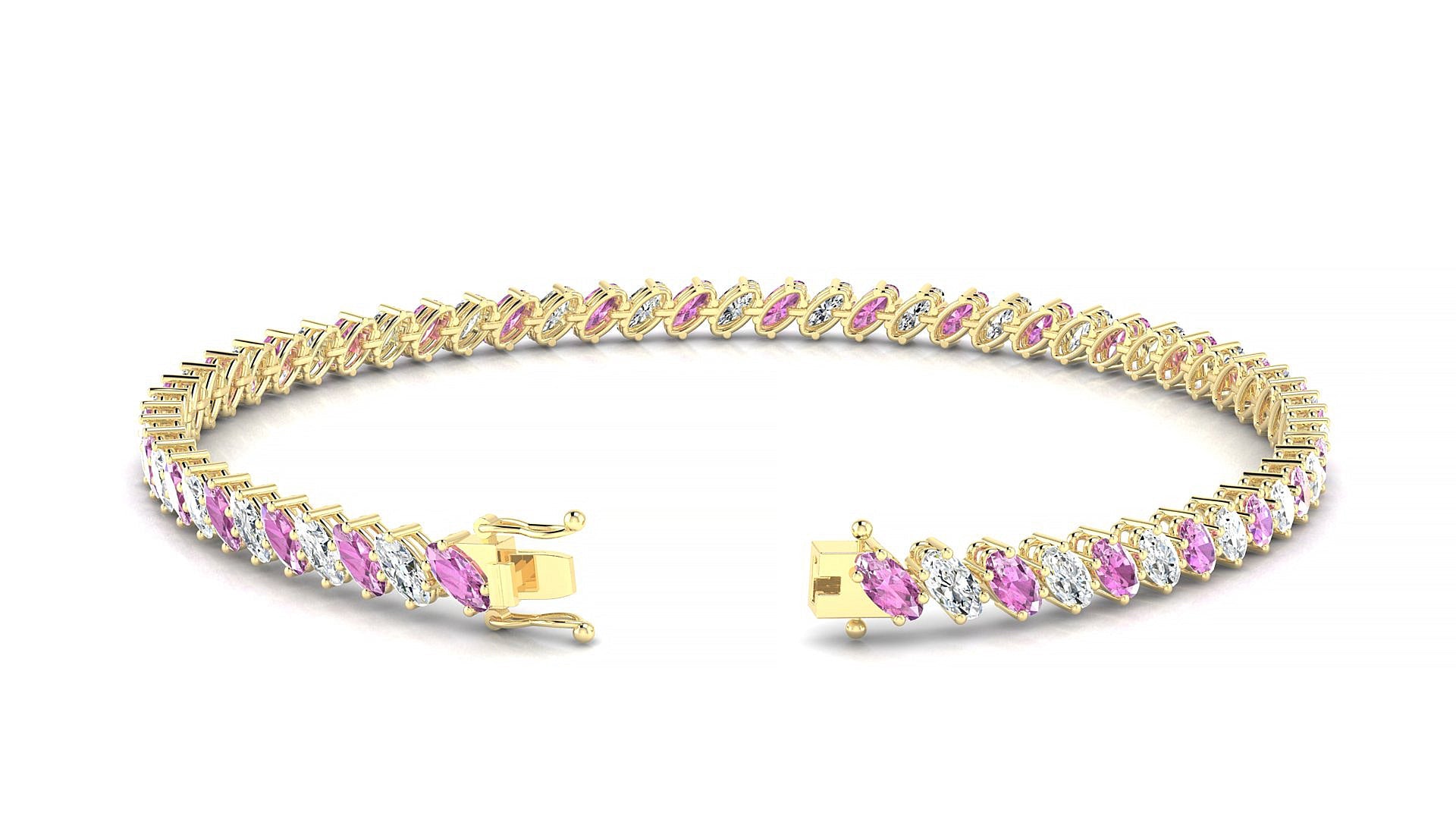 Nîmes 1-1 | 18k Yellow Gold 4 x 2 mm Oval Natural Pink Sapphire & Diamond Tennis Bracelet