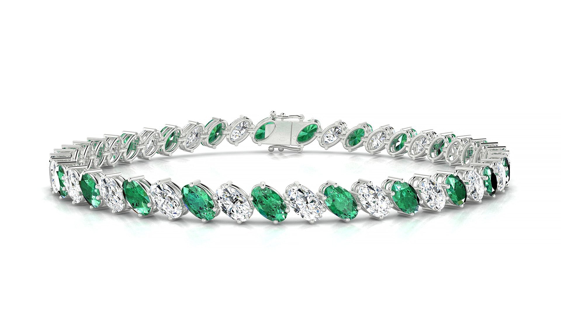 Nîmes 1-1 | 18k White Gold 5 x 3 mm Oval Natural Emerald & Diamond Tennis Bracelet