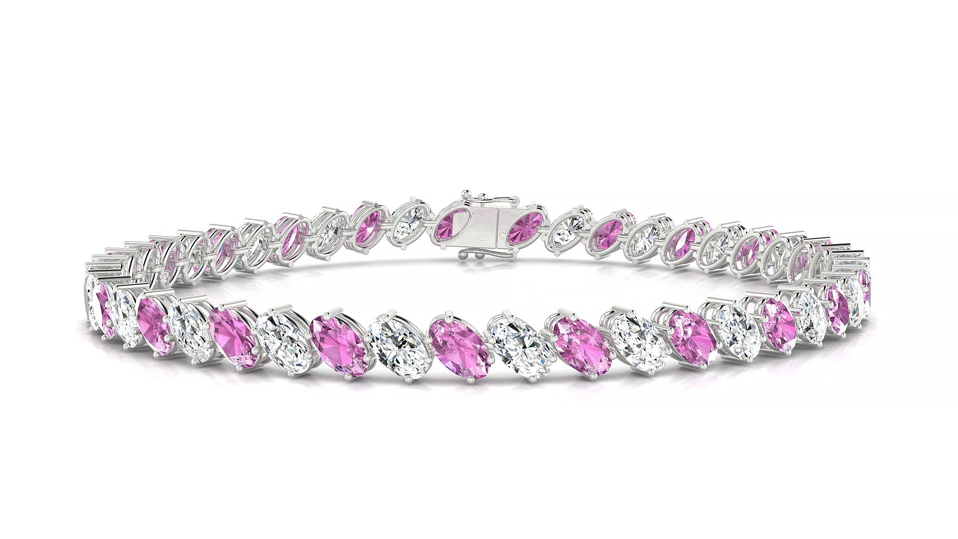 Nîmes 1-1 | 18k White Gold 5 x 3 mm Oval Natural Pink Sapphire & Diamond Tennis Bracelet