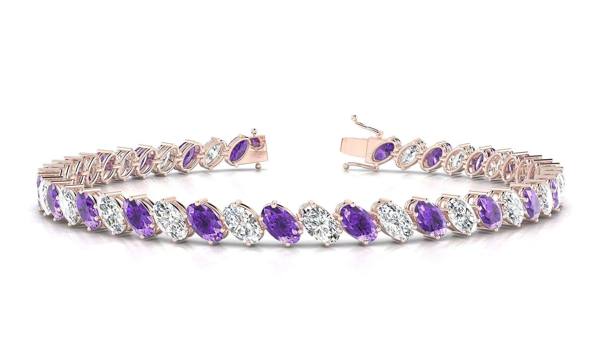 Nîmes 1-1 | 18k Rose Gold 5 x 3 mm Oval Natural Amethyst & Diamond Tennis Bracelet