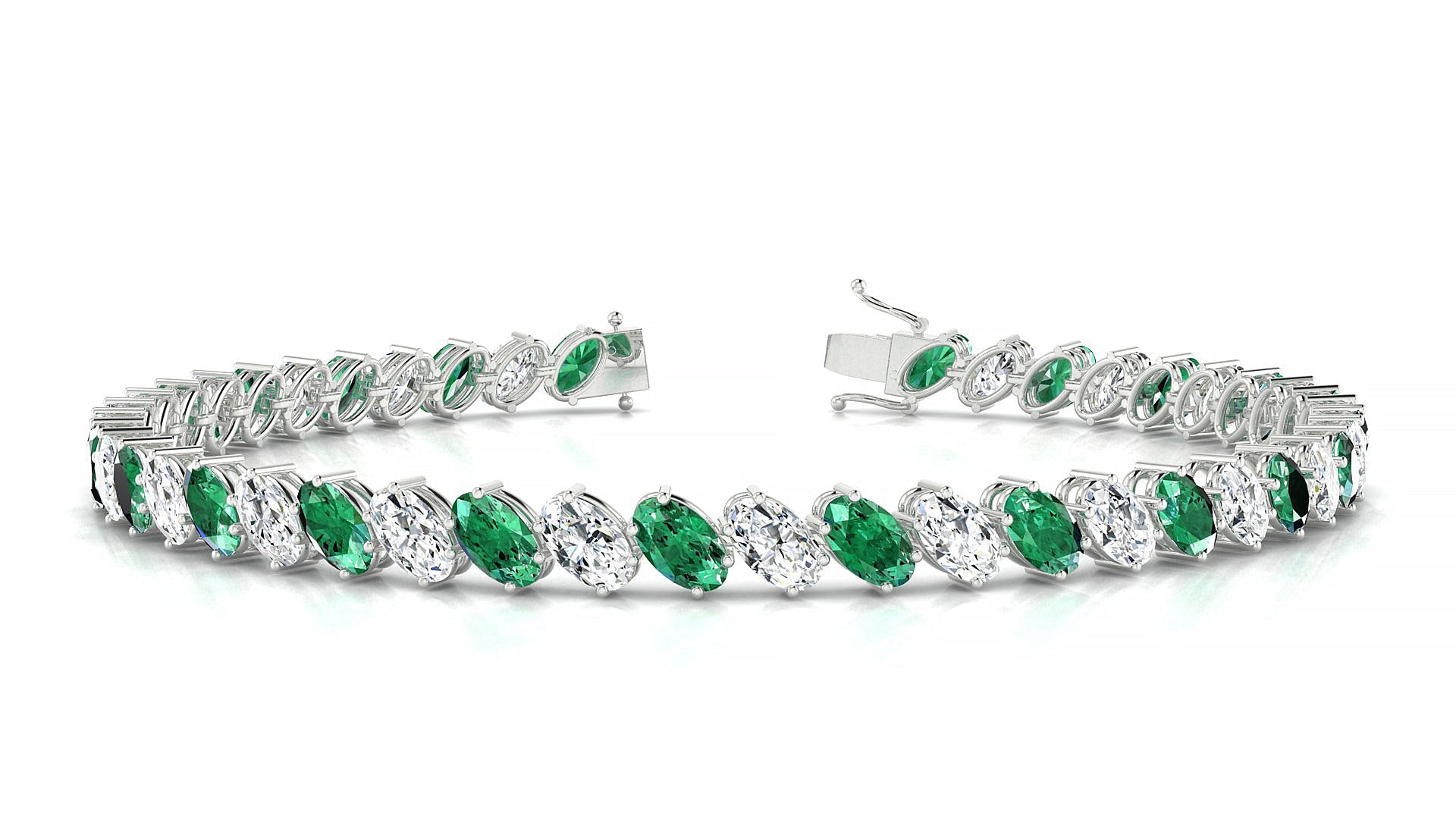 Nîmes 1-1 | 18k White Gold 5 x 3 mm Oval Natural Emerald & Diamond Tennis Bracelet