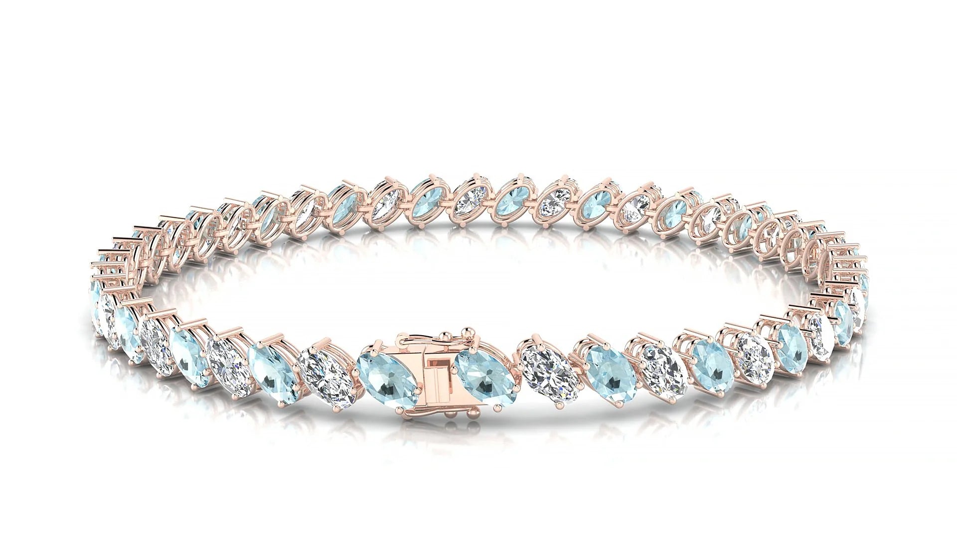 Nîmes 1-1 | 18k Rose Gold 5 x 3 mm Oval Natural Aquamarine & Diamond Tennis Bracelet