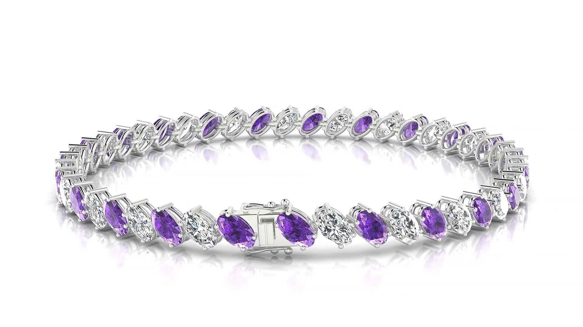 Nîmes 1-1 | 18k White Gold 5 x 3 mm Oval Natural Amethyst & Diamond Tennis Bracelet