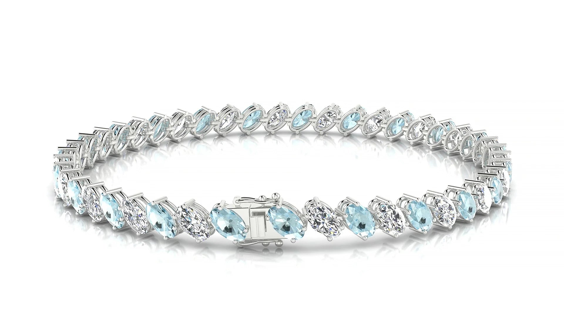 Nîmes 1-1 | 18k White Gold 5 x 3 mm Oval Natural Aquamarine & Diamond Tennis Bracelet