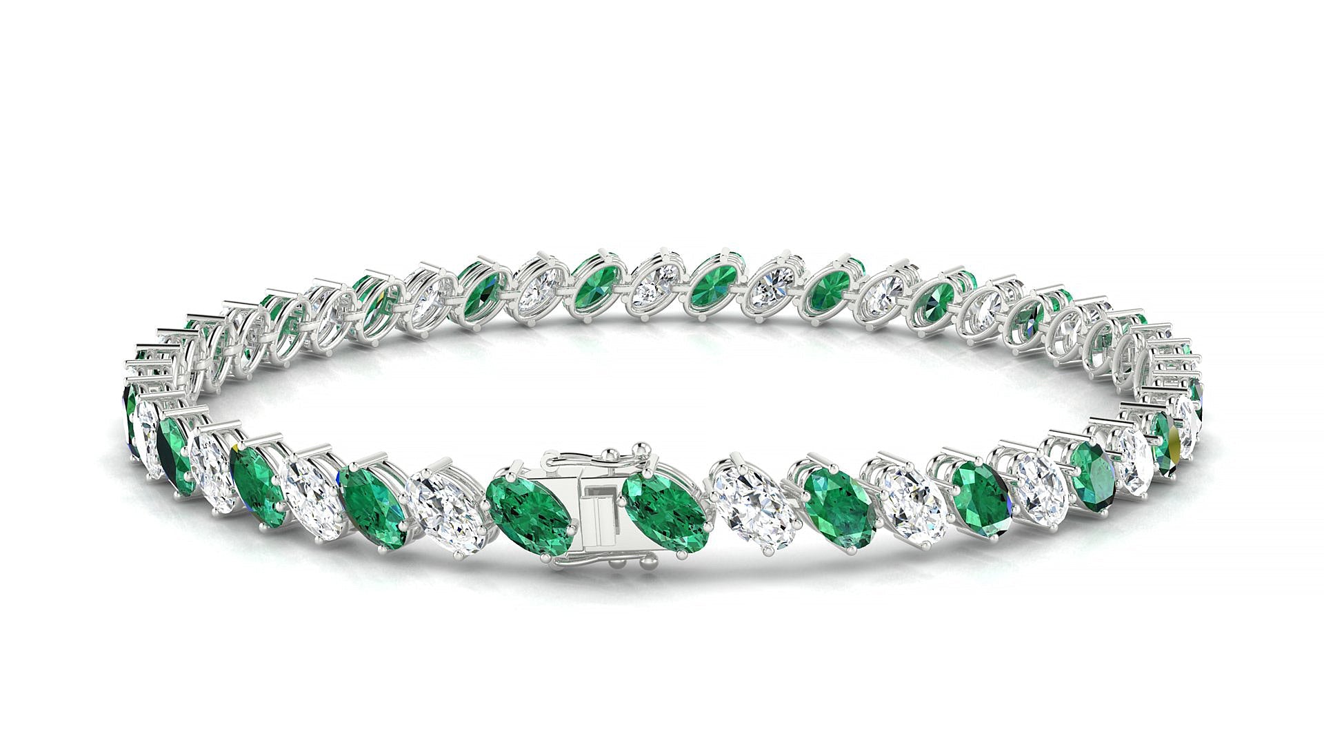 Nîmes 1-1 | 18k White Gold 5 x 3 mm Oval Natural Emerald & Diamond Tennis Bracelet