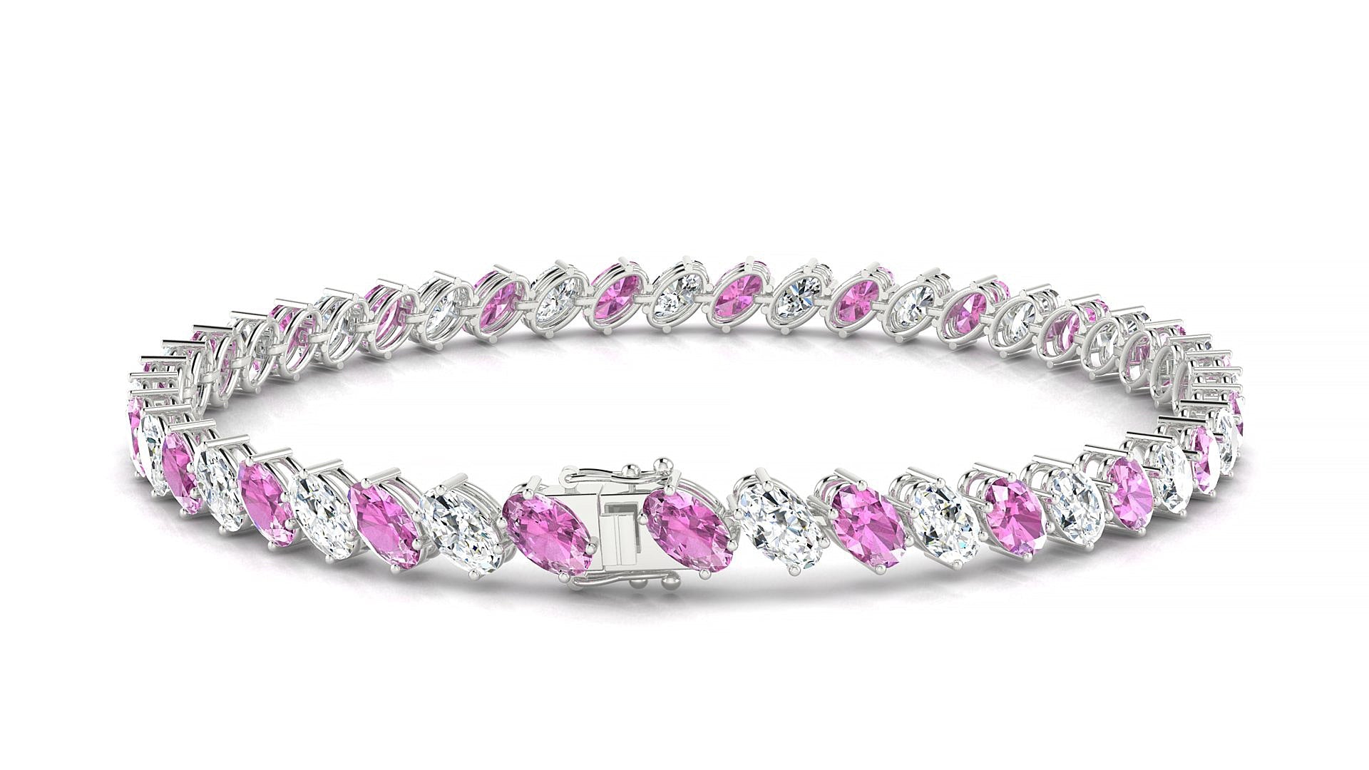 Nîmes 1-1 | 18k White Gold 5 x 3 mm Oval Natural Pink Sapphire & Diamond Tennis Bracelet