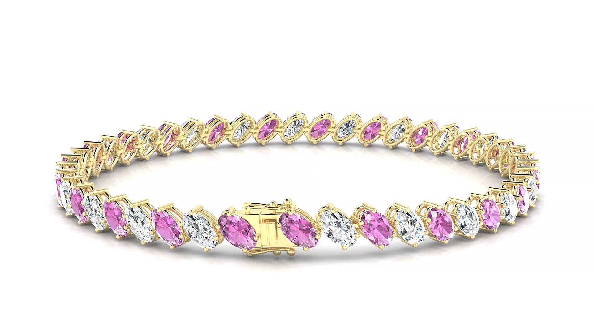 Nîmes 1-1 | 18k Yellow Gold 5 x 3 mm Oval Natural Pink Sapphire & Diamond Tennis Bracelet
