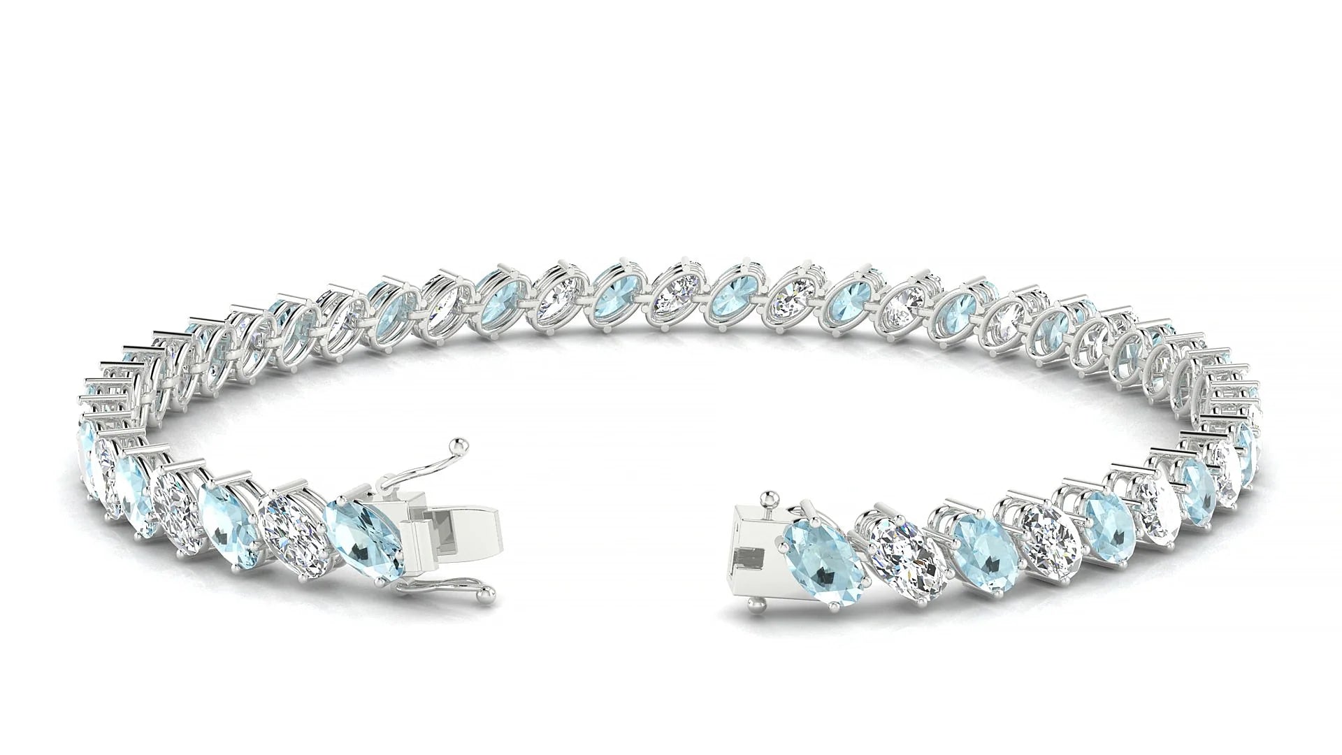 Nîmes 1-1 | 18k White Gold 5 x 3 mm Oval Natural Aquamarine & Diamond Tennis Bracelet