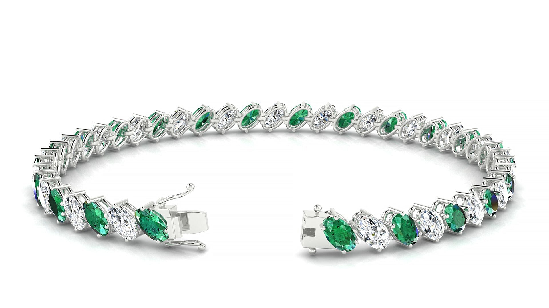 Nîmes 1-1 | 18k White Gold 5 x 3 mm Oval Natural Emerald & Diamond Tennis Bracelet