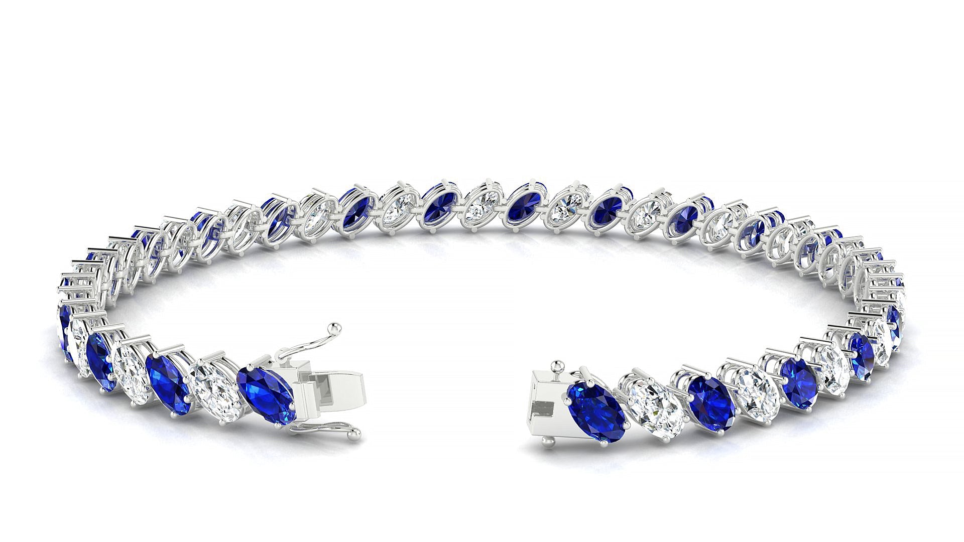 Nîmes 1-1 | 18k White Gold 5 x 3 mm Oval Natural Sapphire & Diamond Tennis Bracelet