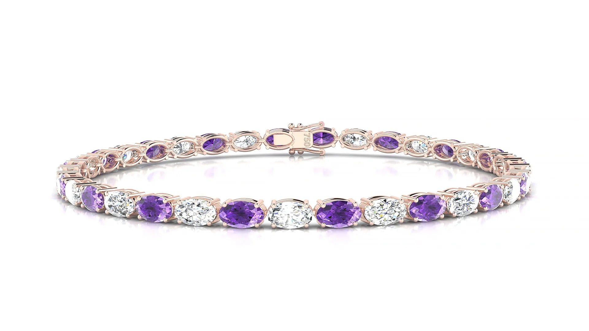 Pula 1-1 | 18k Rose Gold 5 x 3 mm Oval Natural Amethyst & Diamond 18 cm Tennis Bracelet