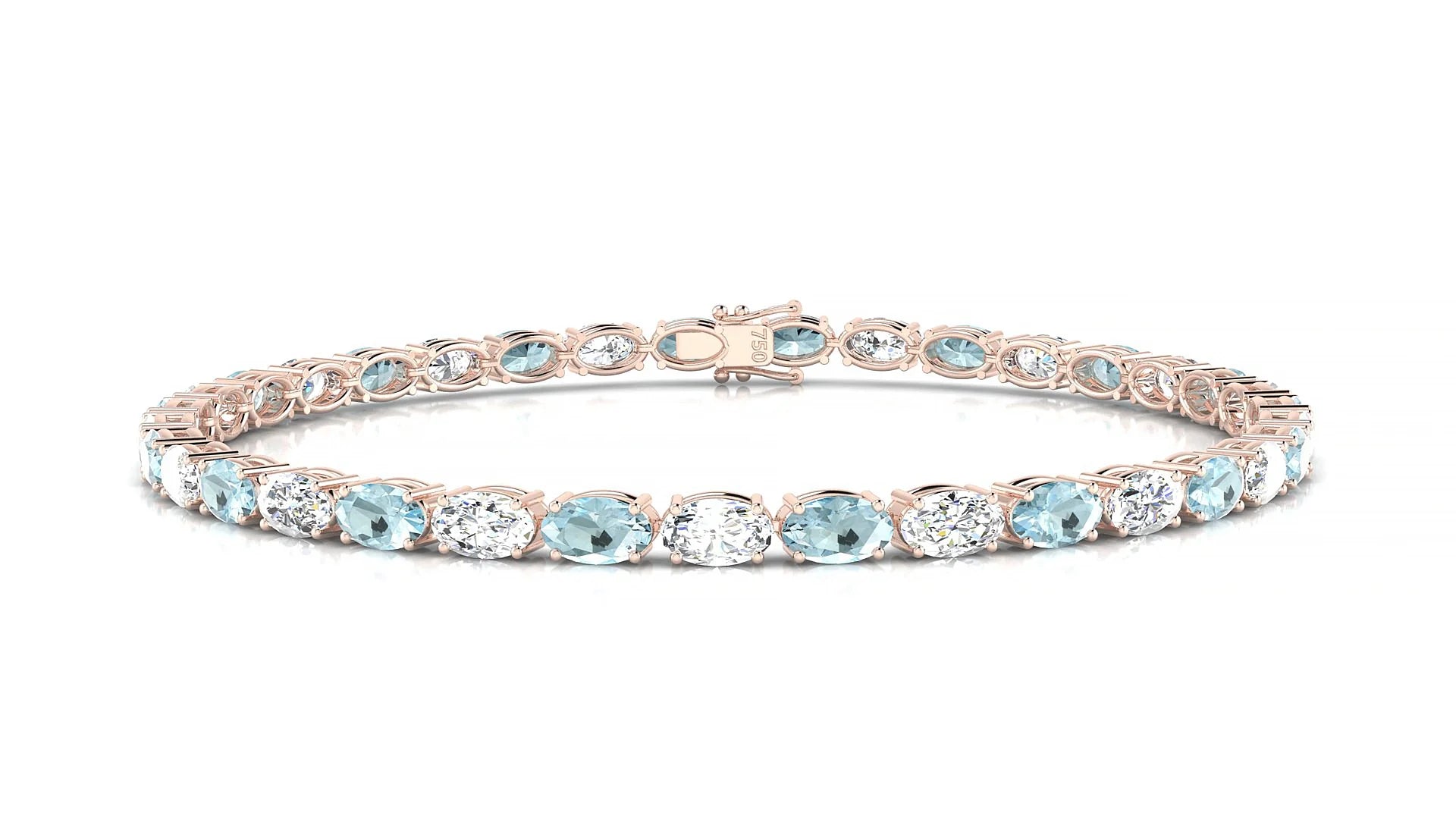 Pula 1-1 | 18k Rose Gold 5 x 3 mm Oval Natural Aquamarine & Diamond 18 cm Tennis Bracelet