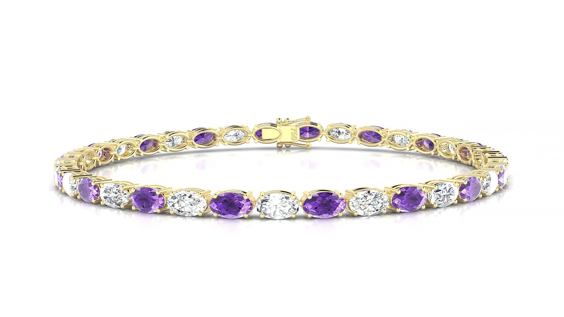 Pula 1-1 | 18k Yellow Gold 5 x 3 mm Oval Natural Amethyst & Diamond 18 cm Tennis Bracelet