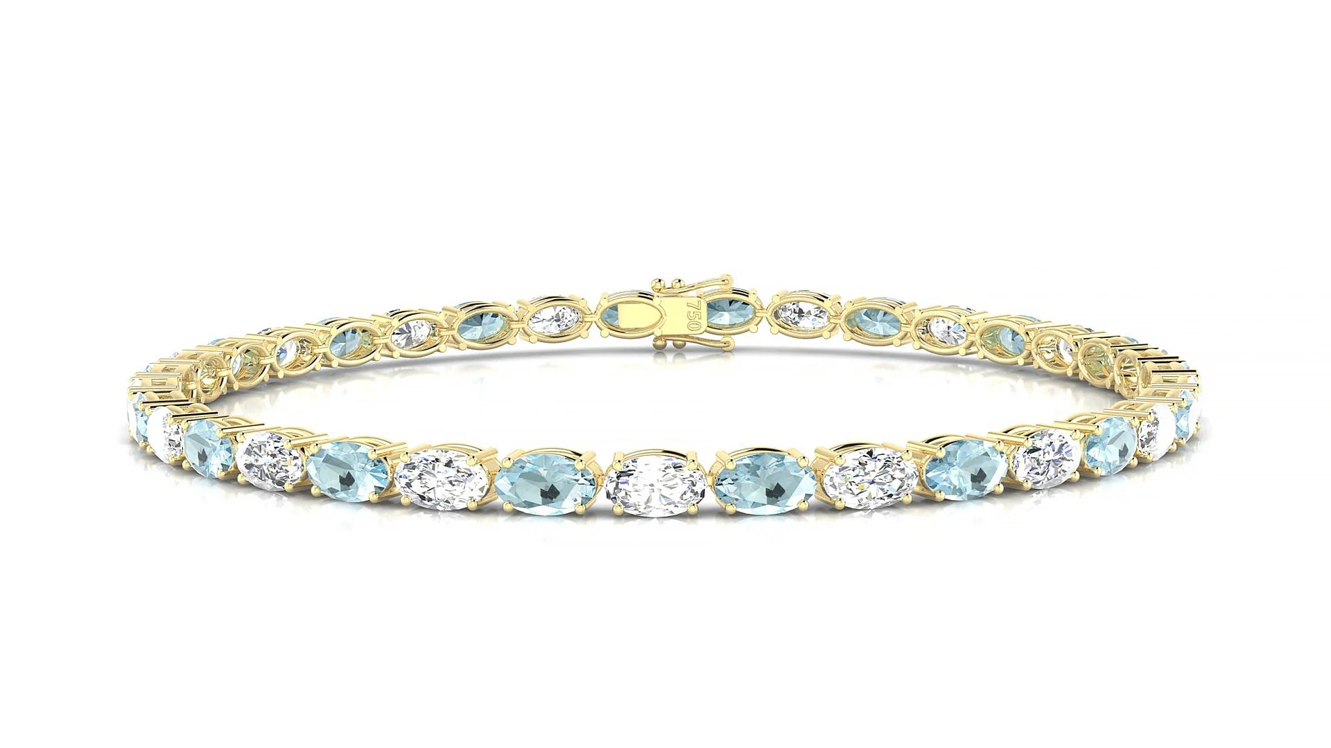 Pula 1-1 | 18k Yellow Gold 5 x 3 mm Oval Natural Aquamarine & Diamond 18 cm Tennis Bracelet