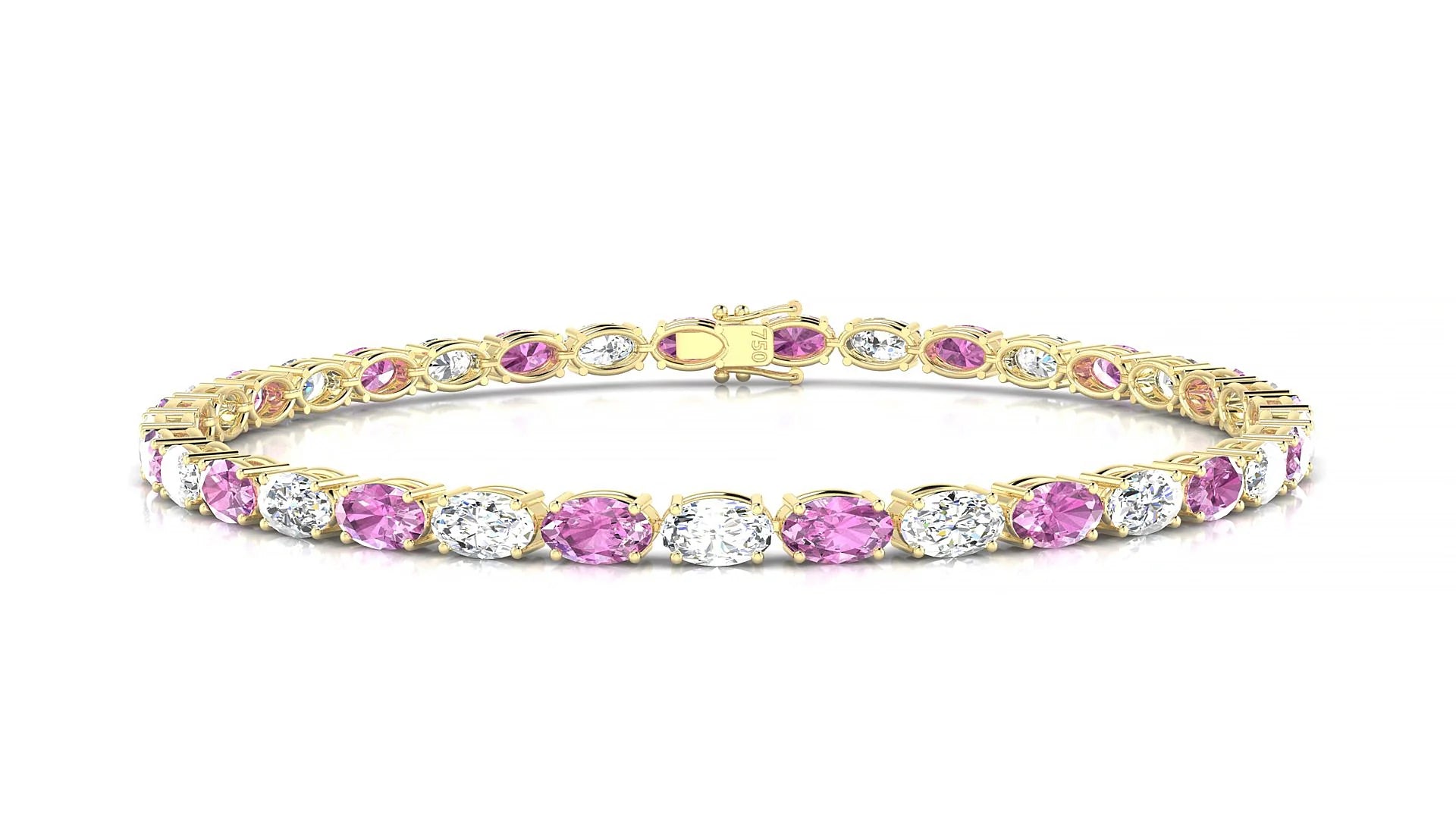 Pula 1-1 | 18k Yellow Gold 5 x 3 mm Oval Natural Pink Sapphire & Diamond 18 cm Tennis Bracelet