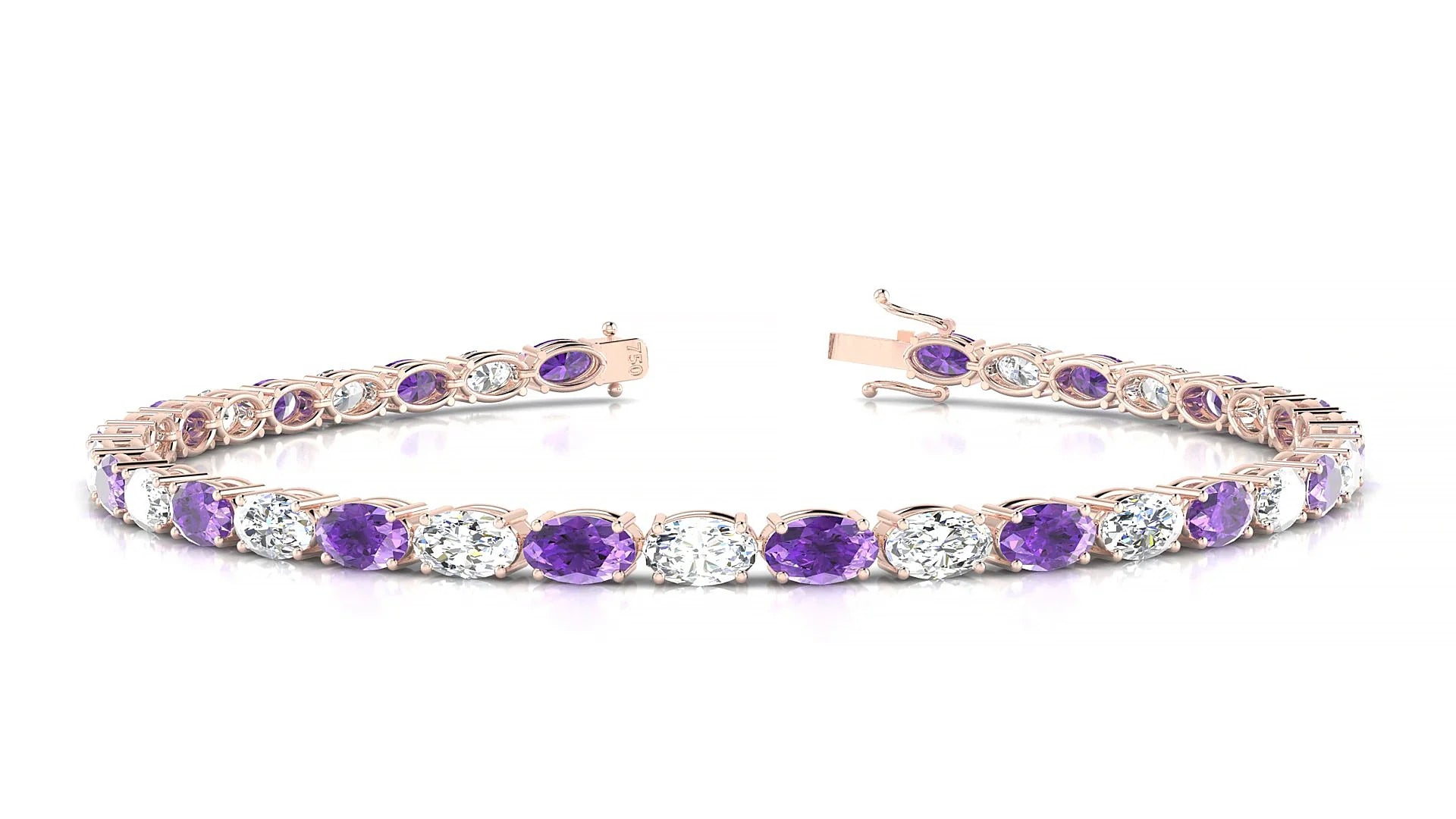 Pula 1-1 | 18k Rose Gold 5 x 3 mm Oval Natural Amethyst & Diamond 18 cm Tennis Bracelet