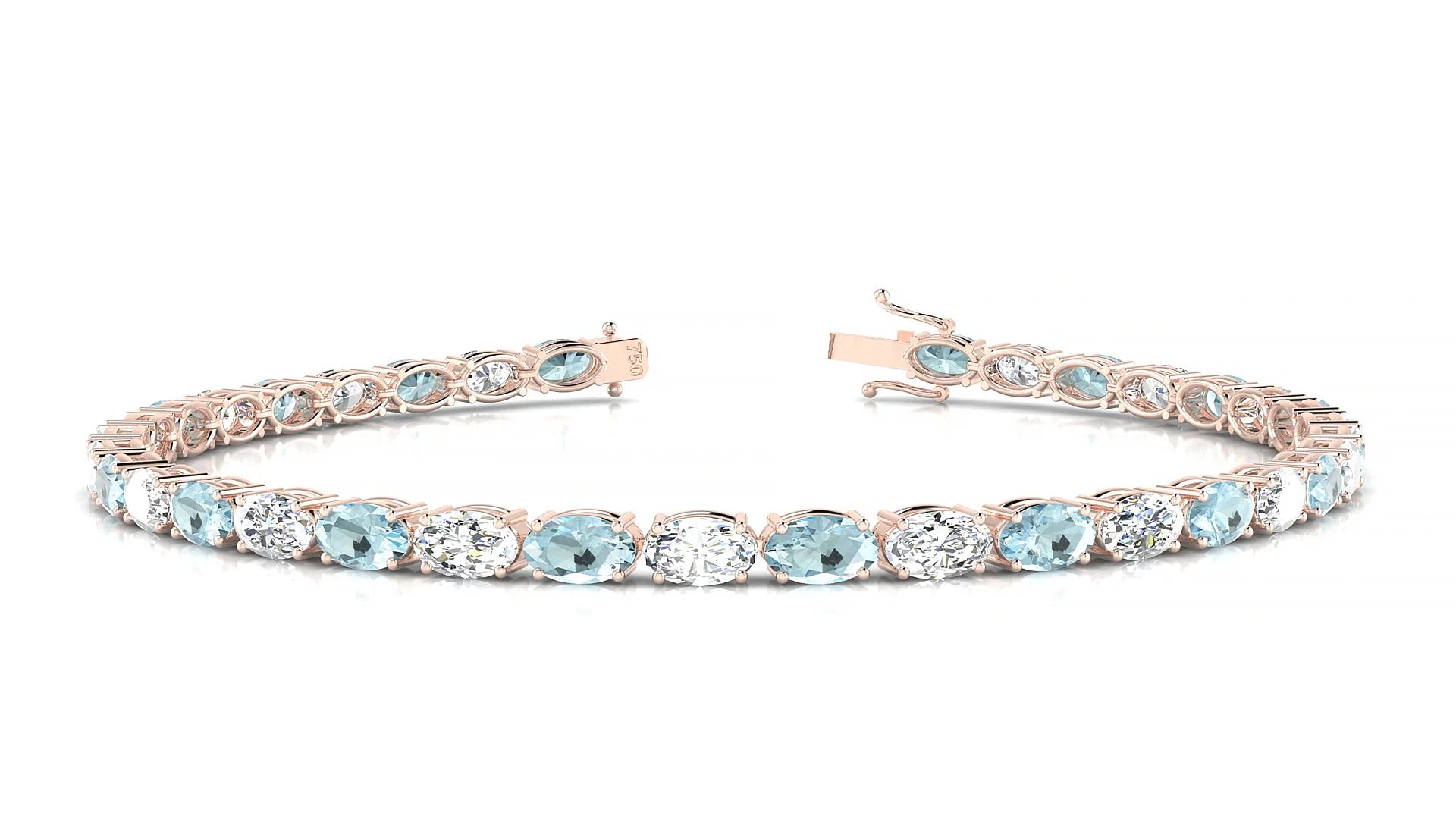 Pula 1-1 | 18k Rose Gold 5 x 3 mm Oval Natural Aquamarine & Diamond 18 cm Tennis Bracelet
