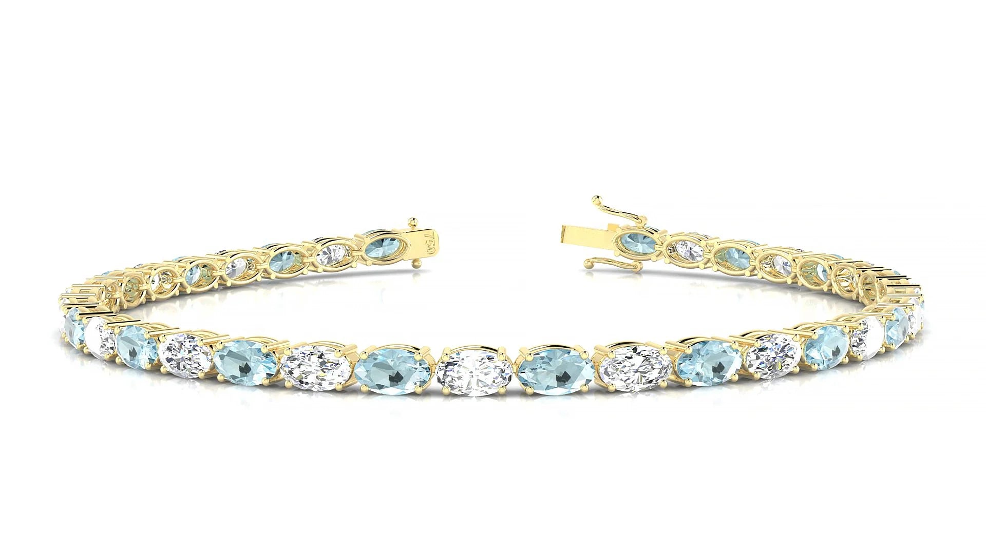 Pula 1-1 | 18k Yellow Gold 5 x 3 mm Oval Natural Aquamarine & Diamond 18 cm Tennis Bracelet