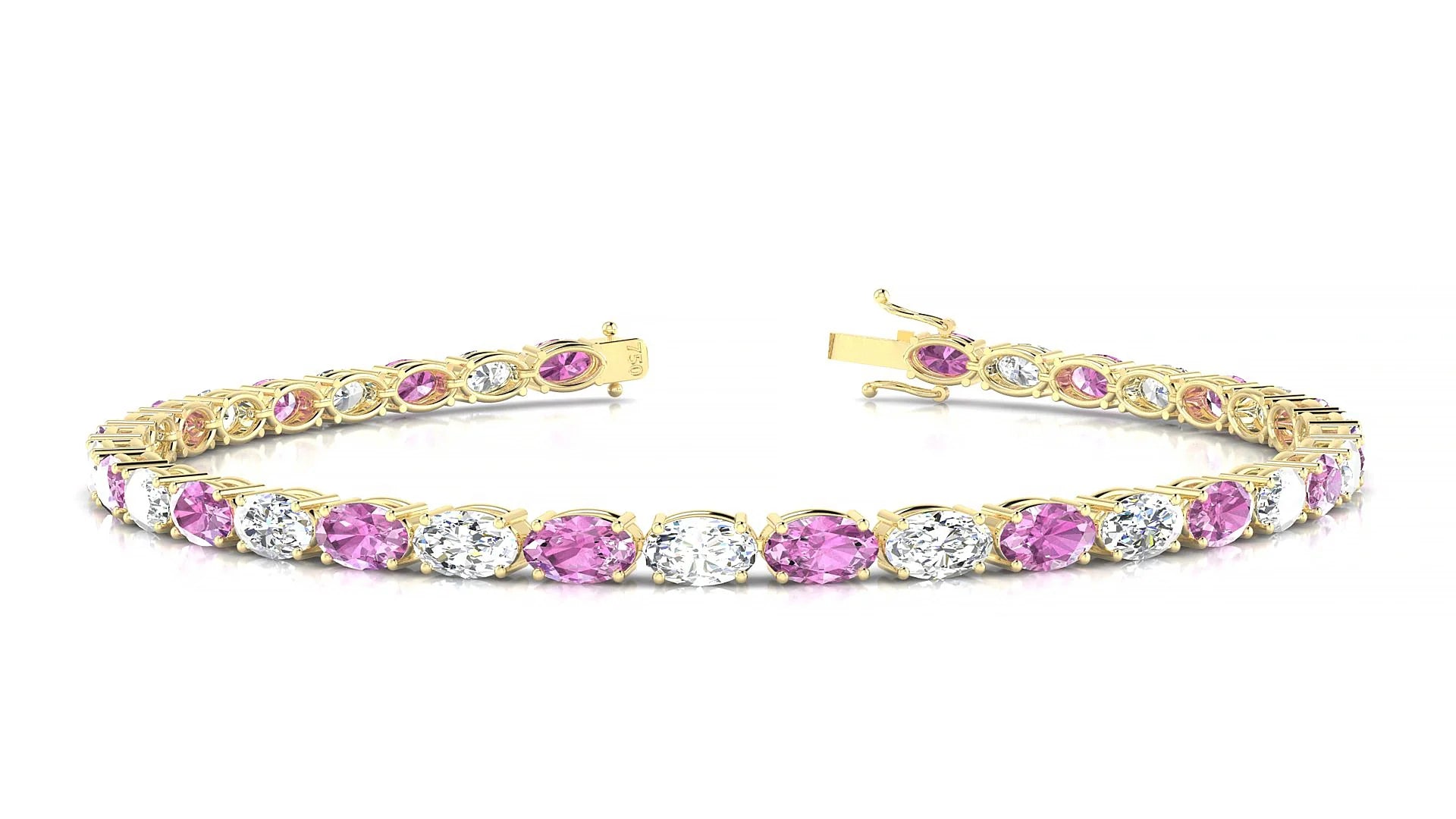 Pula 1-1 | 18k Yellow Gold 5 x 3 mm Oval Natural Pink Sapphire & Diamond 18 cm Tennis Bracelet