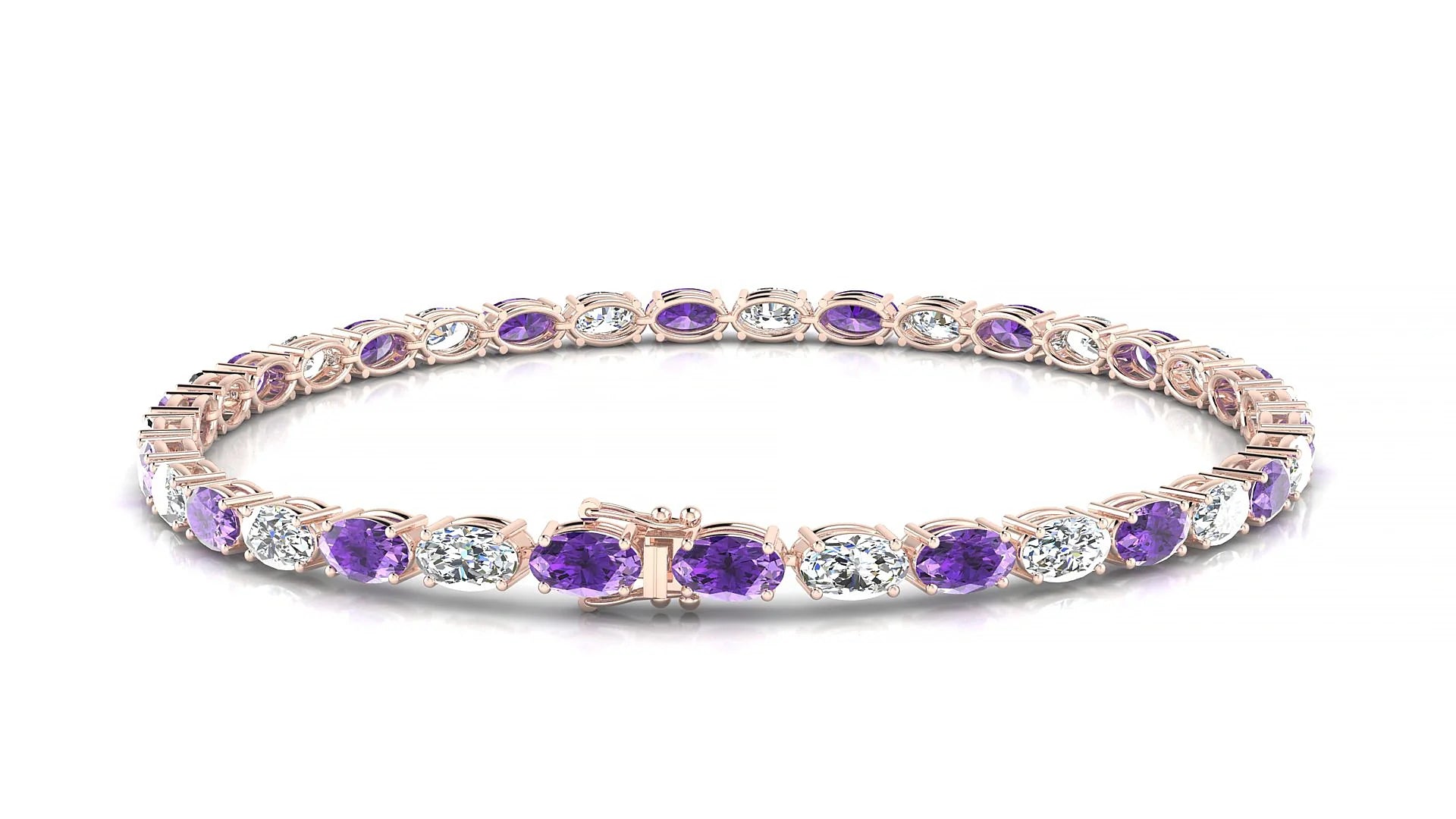 Pula 1-1 | 18k Rose Gold 5 x 3 mm Oval Natural Amethyst & Diamond 18 cm Tennis Bracelet