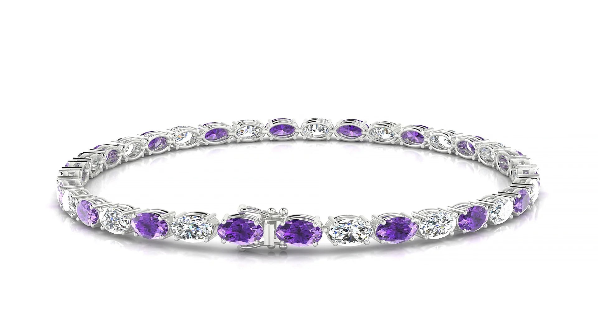 Pula 1-1 | 18k White Gold 5 x 3 mm Oval Natural Amethyst & Diamond 18 cm Tennis Bracelet