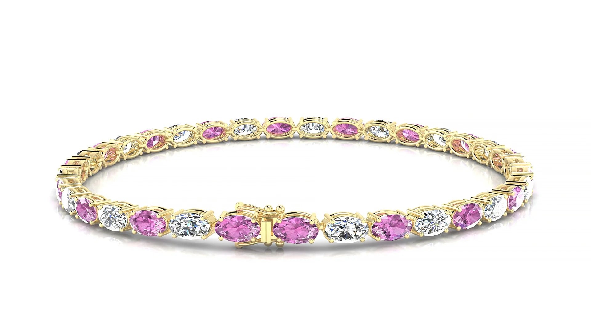 Pula 1-1 | 18k Yellow Gold 5 x 3 mm Oval Natural Pink Sapphire & Diamond 18 cm Tennis Bracelet