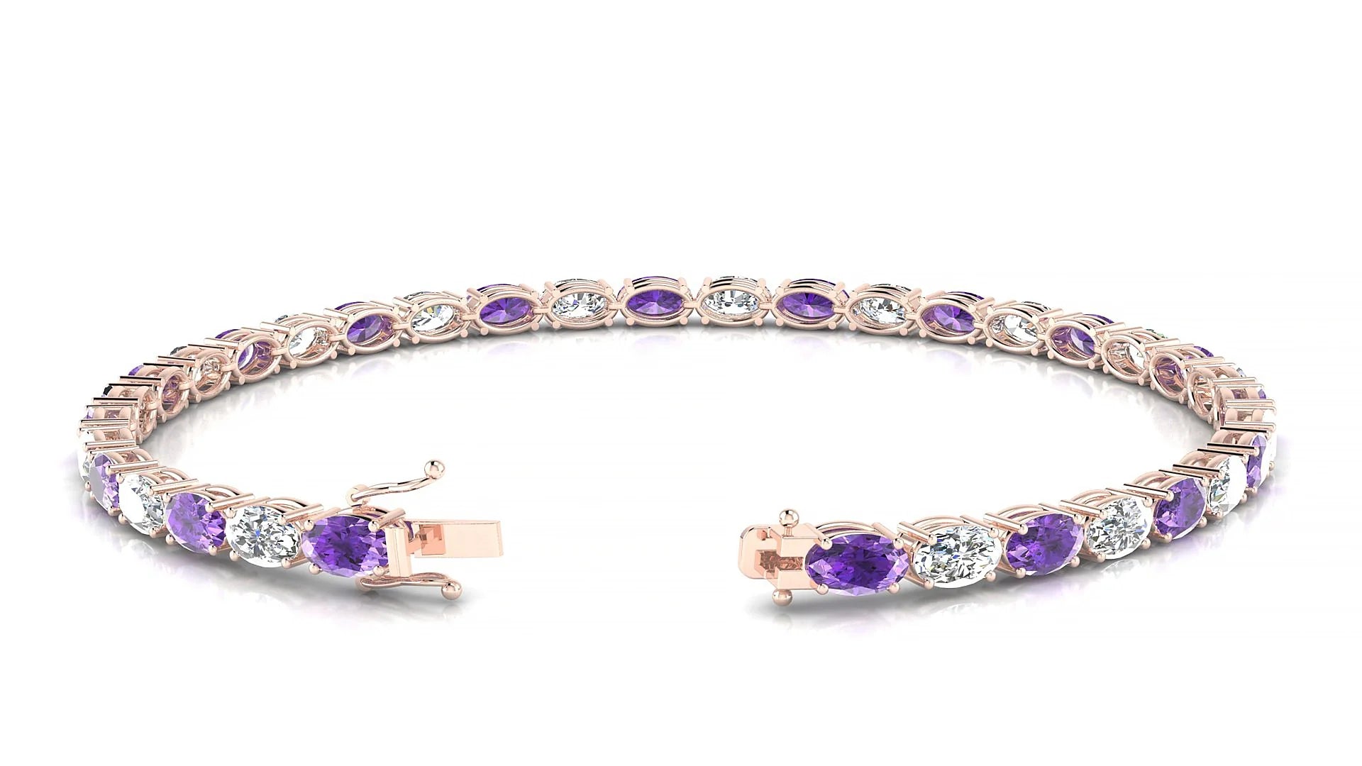 Pula 1-1 | 18k Rose Gold 5 x 3 mm Oval Natural Amethyst & Diamond 18 cm Tennis Bracelet