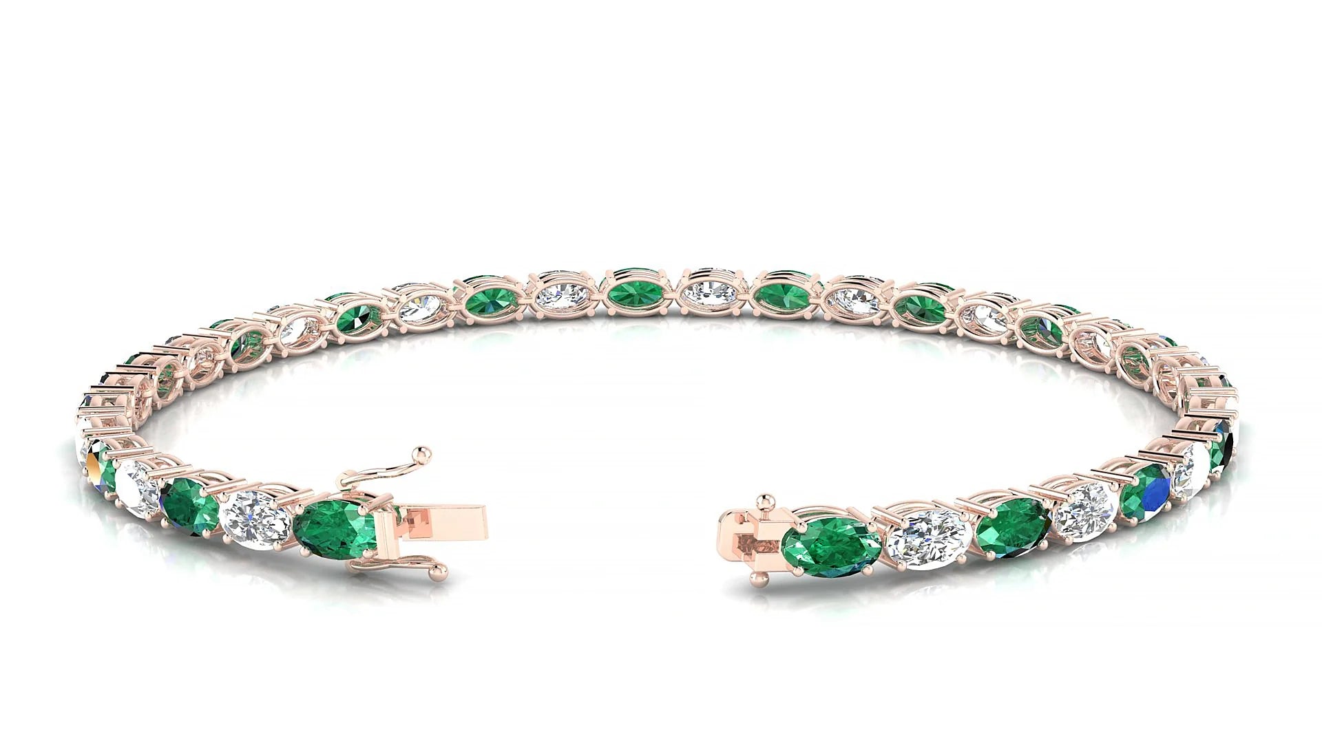 Pula 1-1 | 18k Rose Gold 5 x 3 mm Oval Natural Emerald & Diamond 18 cm Tennis Bracelet