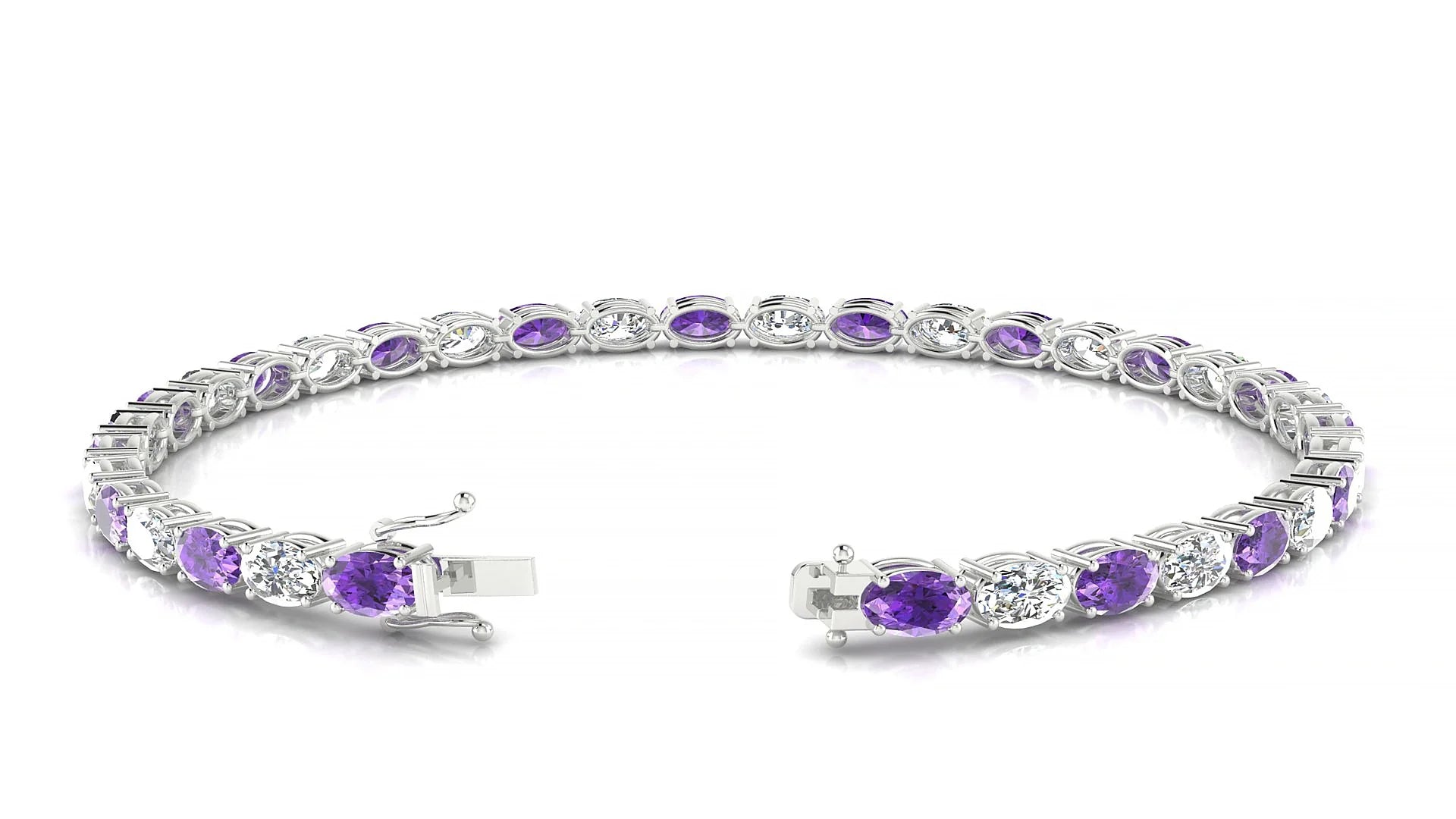 Pula 1-1 | 18k White Gold 5 x 3 mm Oval Natural Amethyst & Diamond 18 cm Tennis Bracelet