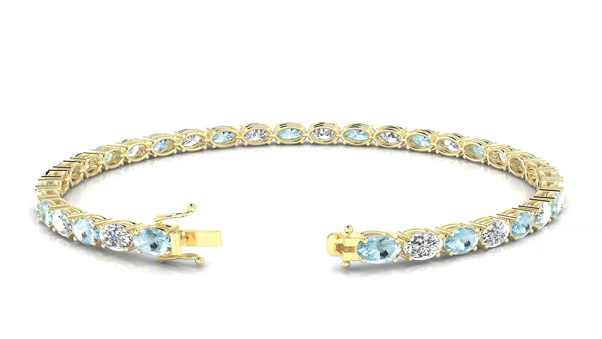 Pula 1-1 | 18k Yellow Gold 5 x 3 mm Oval Natural Aquamarine & Diamond 18 cm Tennis Bracelet