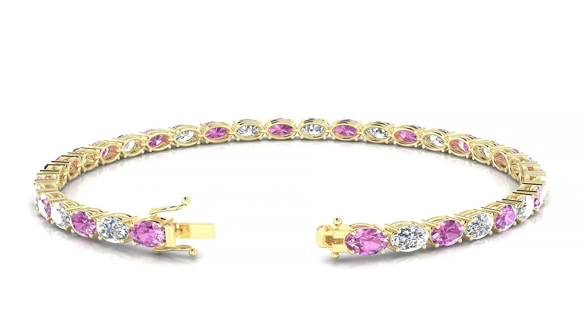 Pula 1-1 | 18k Yellow Gold 5 x 3 mm Oval Natural Pink Sapphire & Diamond 18 cm Tennis Bracelet