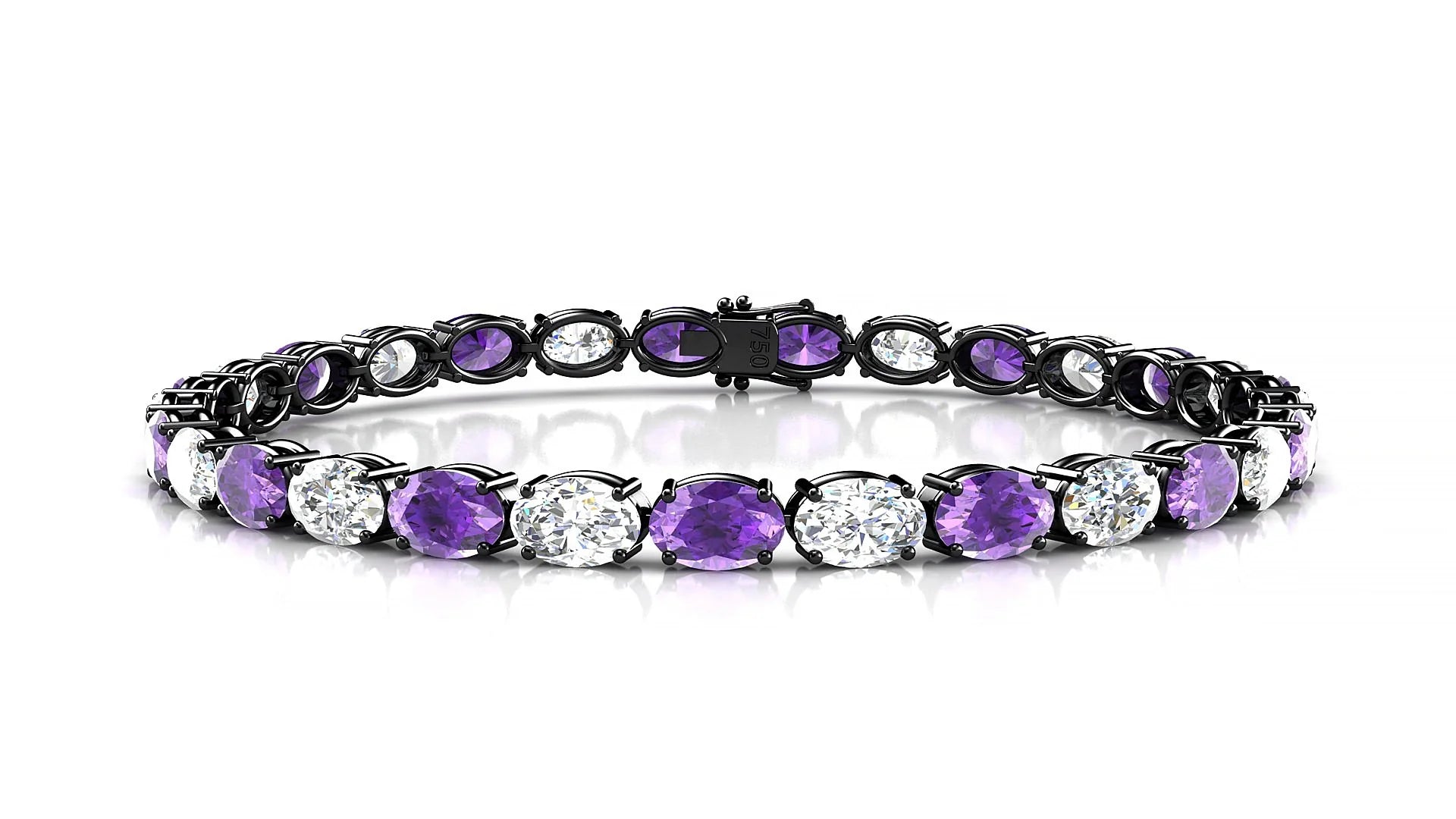 Pula 1-1 | 18k Black Gold 6 x 4 mm Oval Natural Amethyst & Diamond 18 cm Tennis Bracelet